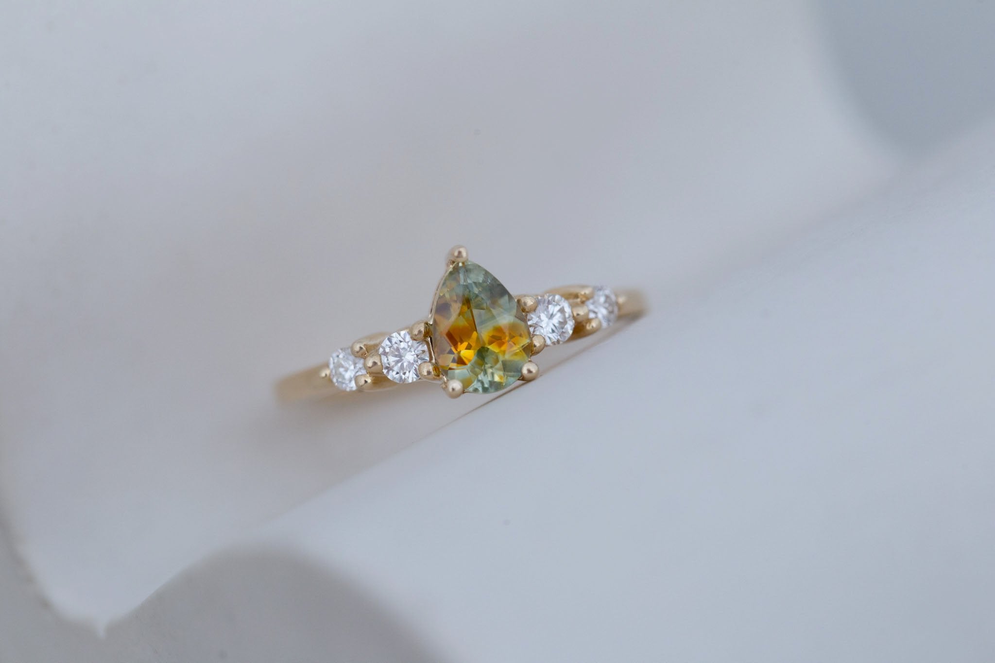 Arbor Ring | Bicolor Pear Sapphire + Round Diamond Accent Engagement Ring 0.87 ct | 14k Recycled Gold | One of a Kind