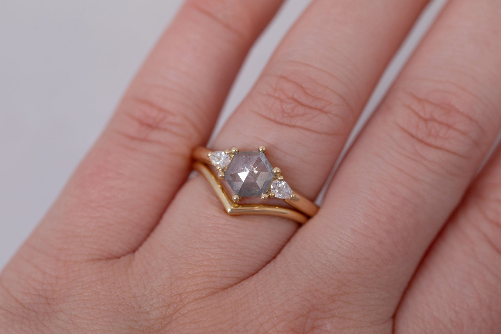 Iris Ring | Salt and Pepper Hexagon Diamond + Pear Diamond Accent Engagement Ring 0.87 ct | 14k Recycled Gold | One of a Kind