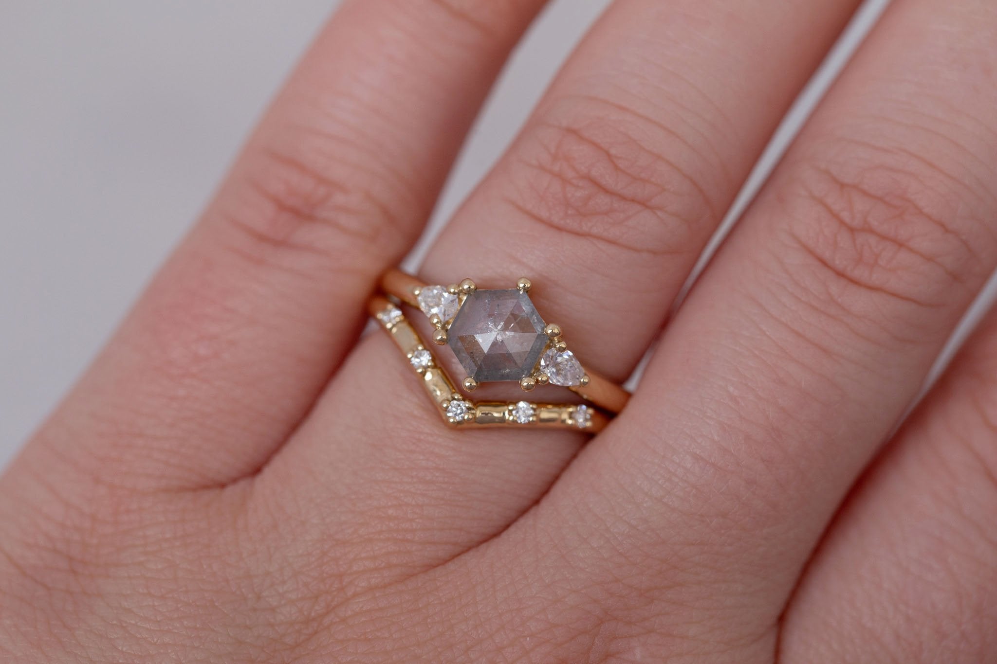 Iris Ring | Salt and Pepper Hexagon Diamond + Pear Diamond Accent Engagement Ring 0.87 ct | 14k Recycled Gold | One of a Kind