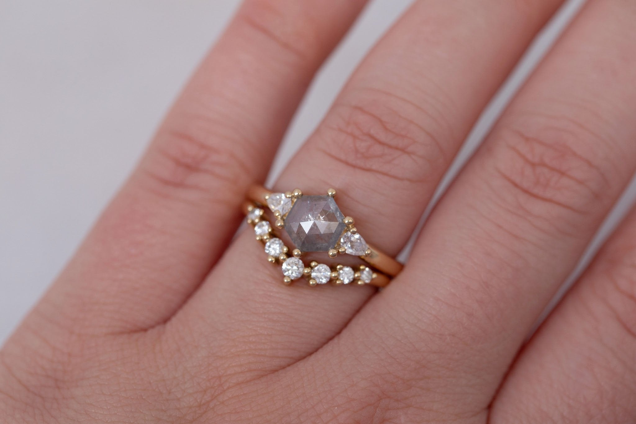 Iris Ring | Salt and Pepper Hexagon Diamond + Pear Diamond Accent Engagement Ring 0.87 ct | 14k Recycled Gold | One of a Kind