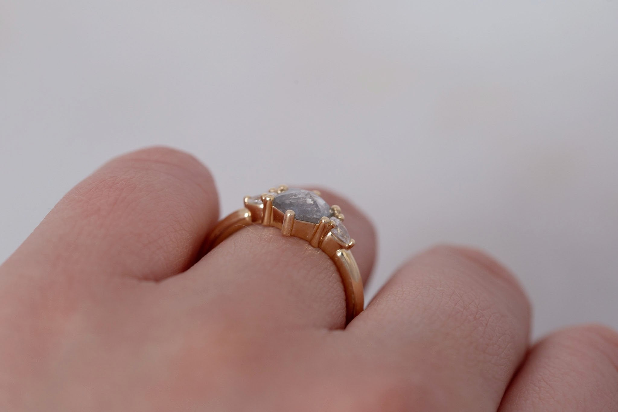 Iris Ring | Salt and Pepper Hexagon Diamond + Pear Diamond Accent Engagement Ring 0.87 ct | 14k Recycled Gold | One of a Kind