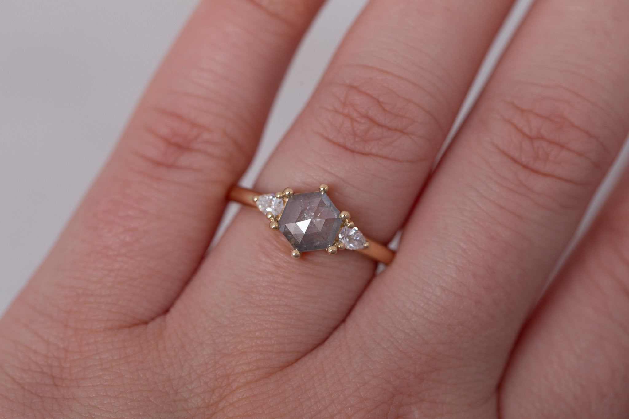 Iris Ring | Salt and Pepper Hexagon Diamond + Pear Diamond Accent Engagement Ring 0.87 ct | 14k Recycled Gold | One of a Kind