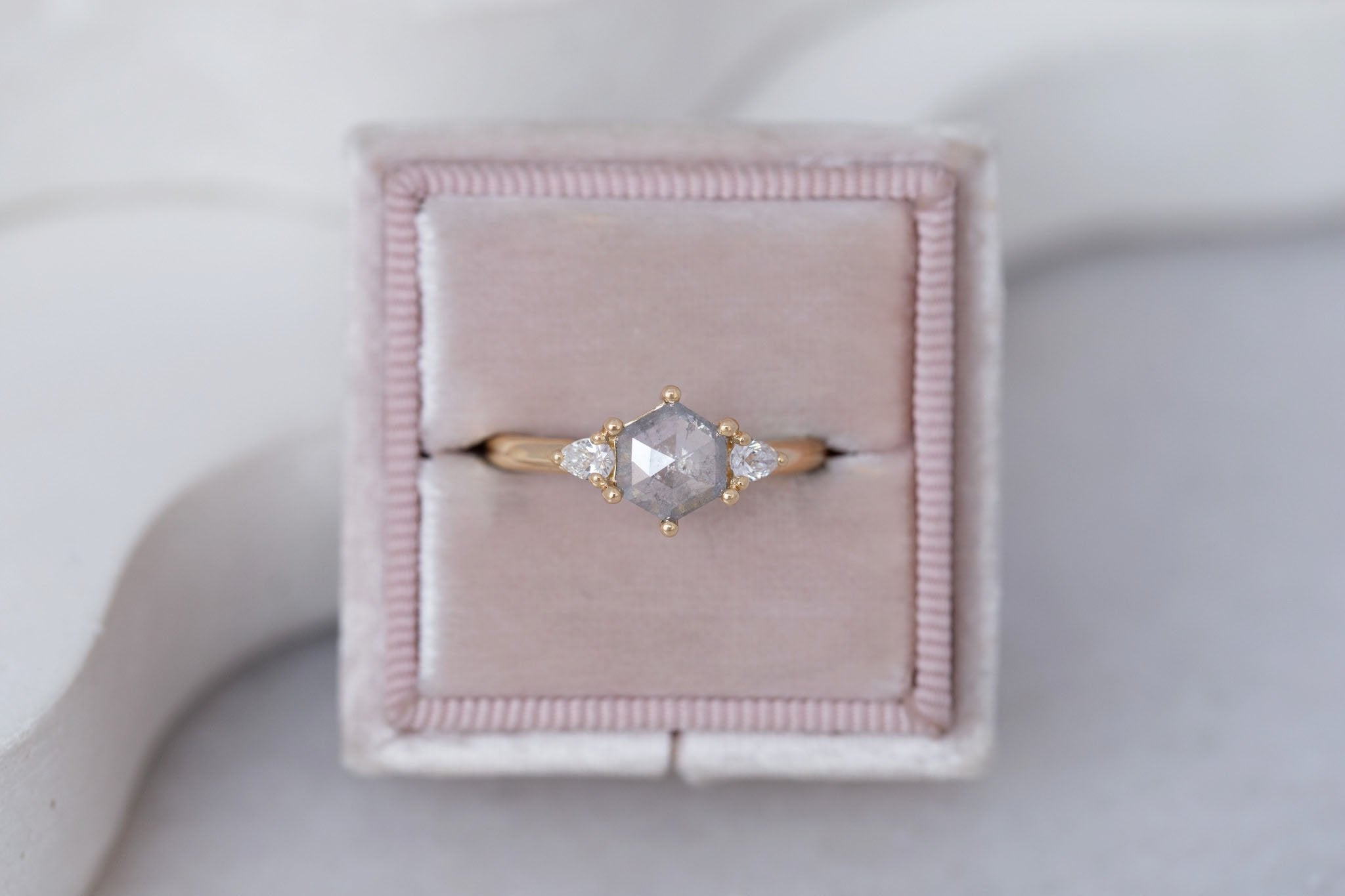 Iris Ring | Salt and Pepper Hexagon Diamond + Pear Diamond Accent Engagement Ring 0.87 ct | 14k Recycled Gold | One of a Kind