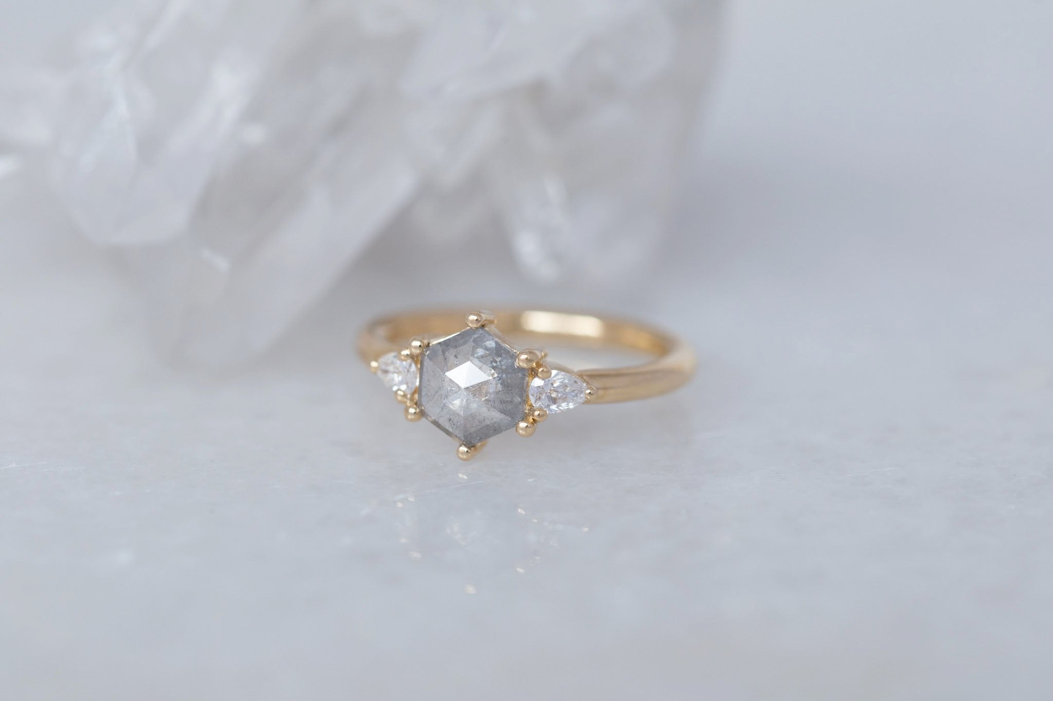 Iris Ring | Salt and Pepper Hexagon Diamond + Pear Diamond Accent Engagement Ring 0.87 ct | 14k Recycled Gold | One of a Kind