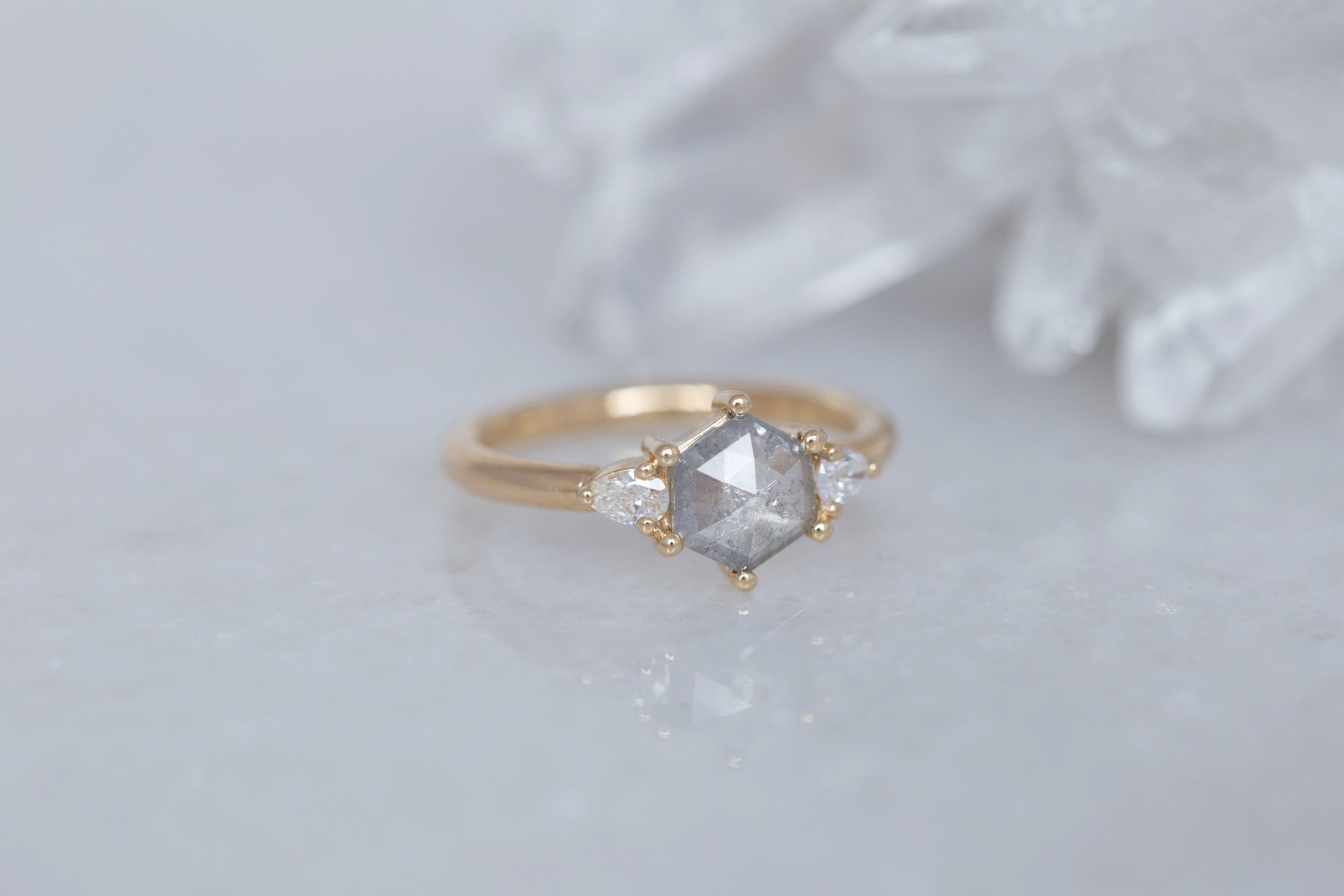 Iris Ring | Salt and Pepper Hexagon Diamond + Pear Diamond Accent Engagement Ring 0.87 ct | 14k Recycled Gold | One of a Kind
