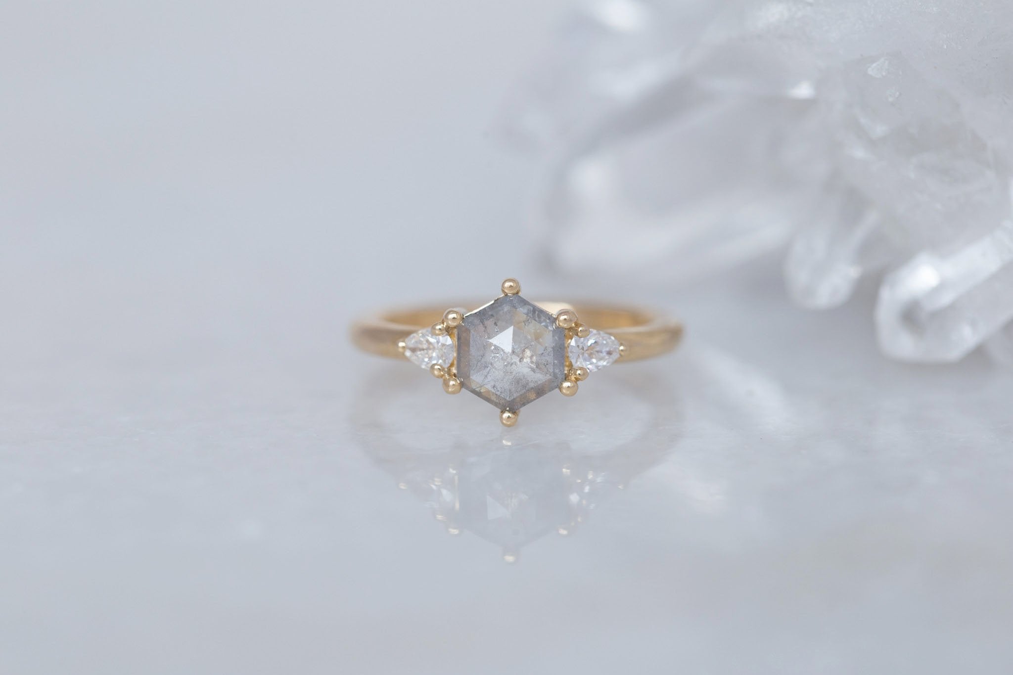 Iris Ring | Salt and Pepper Hexagon Diamond + Pear Diamond Accent Engagement Ring 0.87 ct | 14k Recycled Gold | One of a Kind