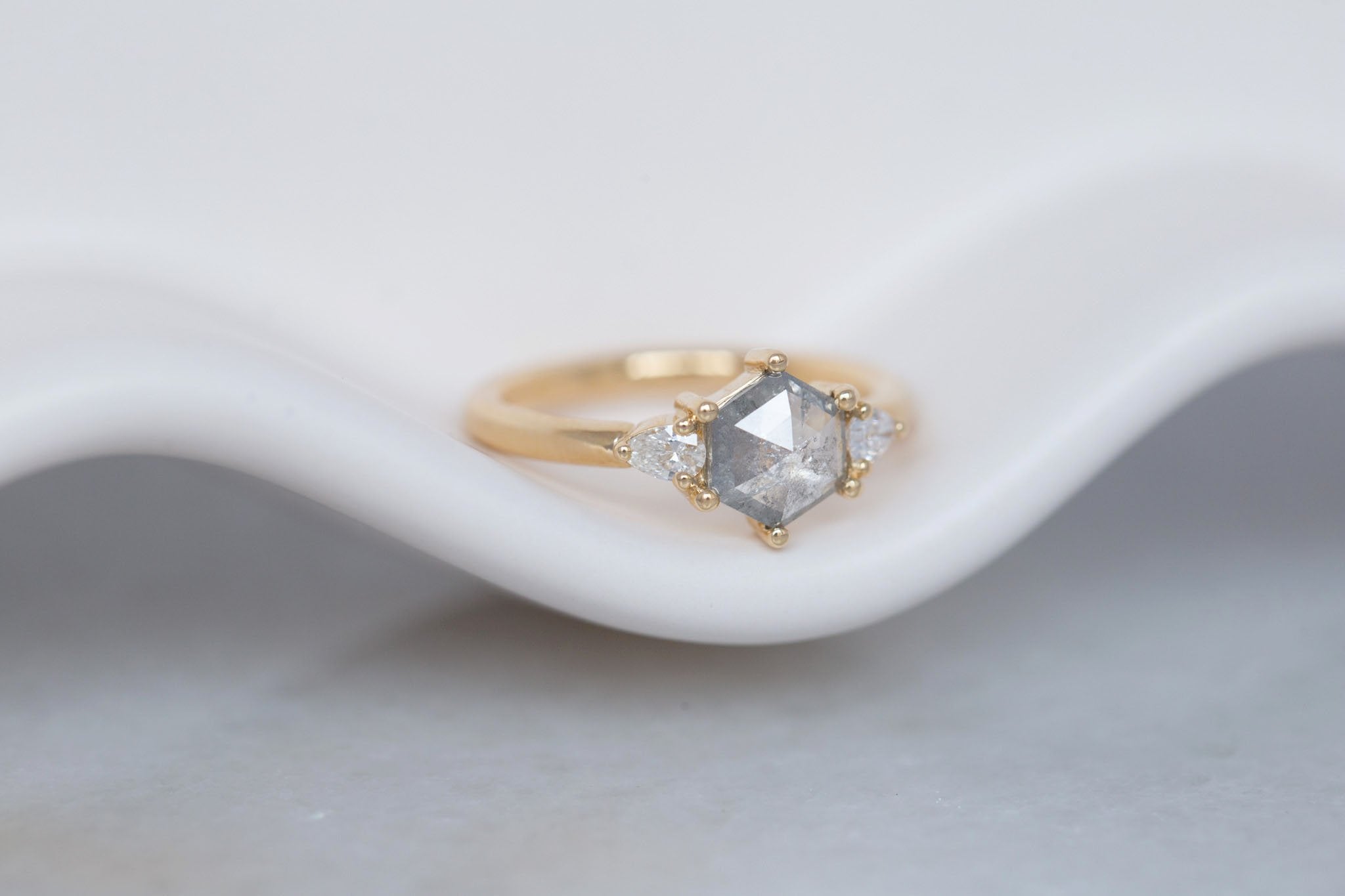 Iris Ring | Salt and Pepper Hexagon Diamond + Pear Diamond Accent Engagement Ring 0.87 ct | 14k Recycled Gold | One of a Kind