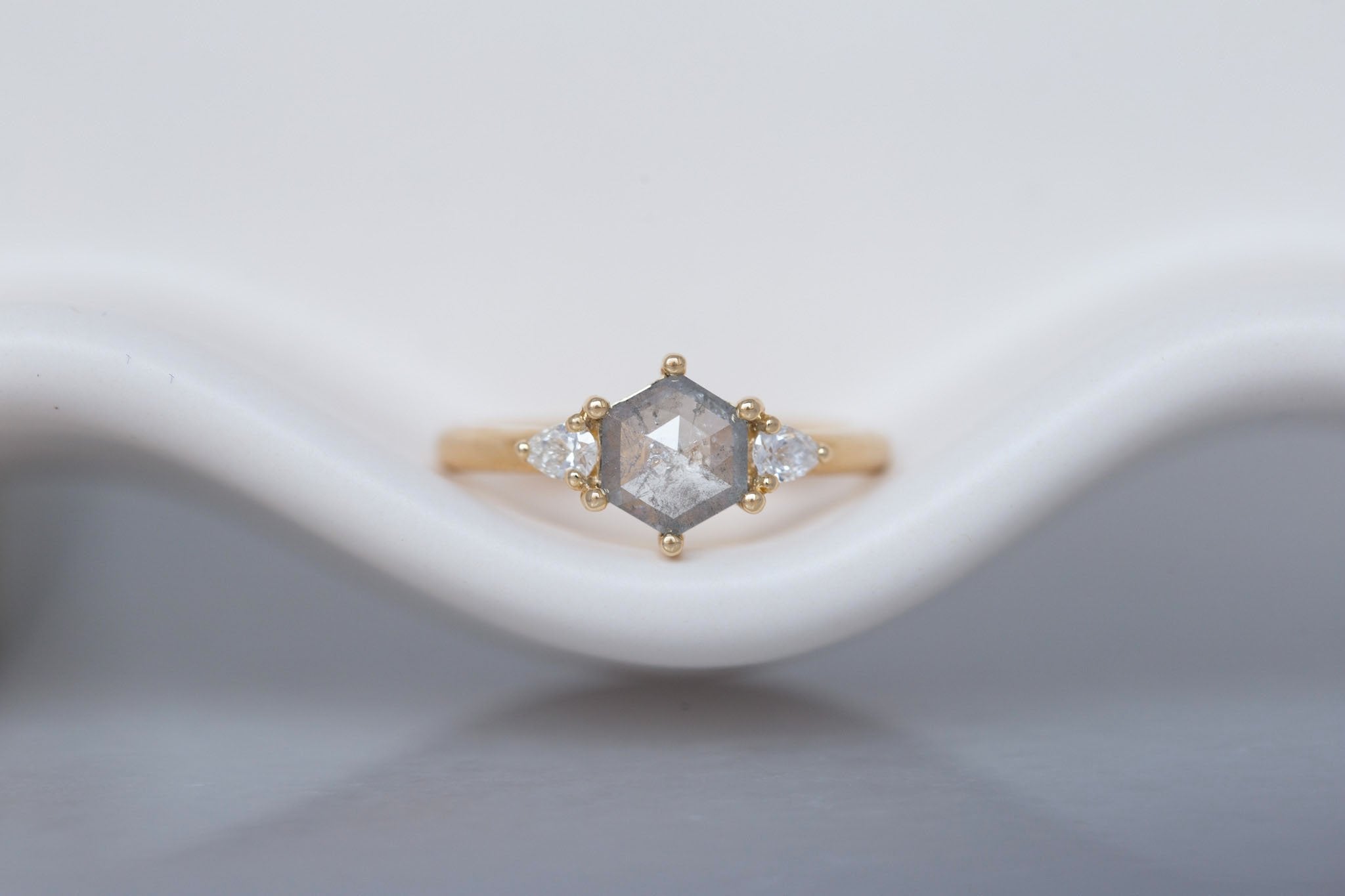 Iris Ring | Salt and Pepper Hexagon Diamond + Pear Diamond Accent Engagement Ring 0.87 ct | 14k Recycled Gold | One of a Kind