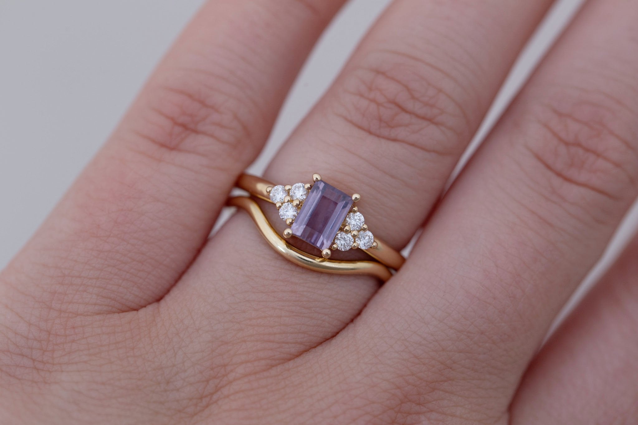 Verona Ring | Purple Baguette Cut Sapphire + Round Diamond Accents Engagement Ring 0.90 ct | 14k Recycled Gold | One of a Kind