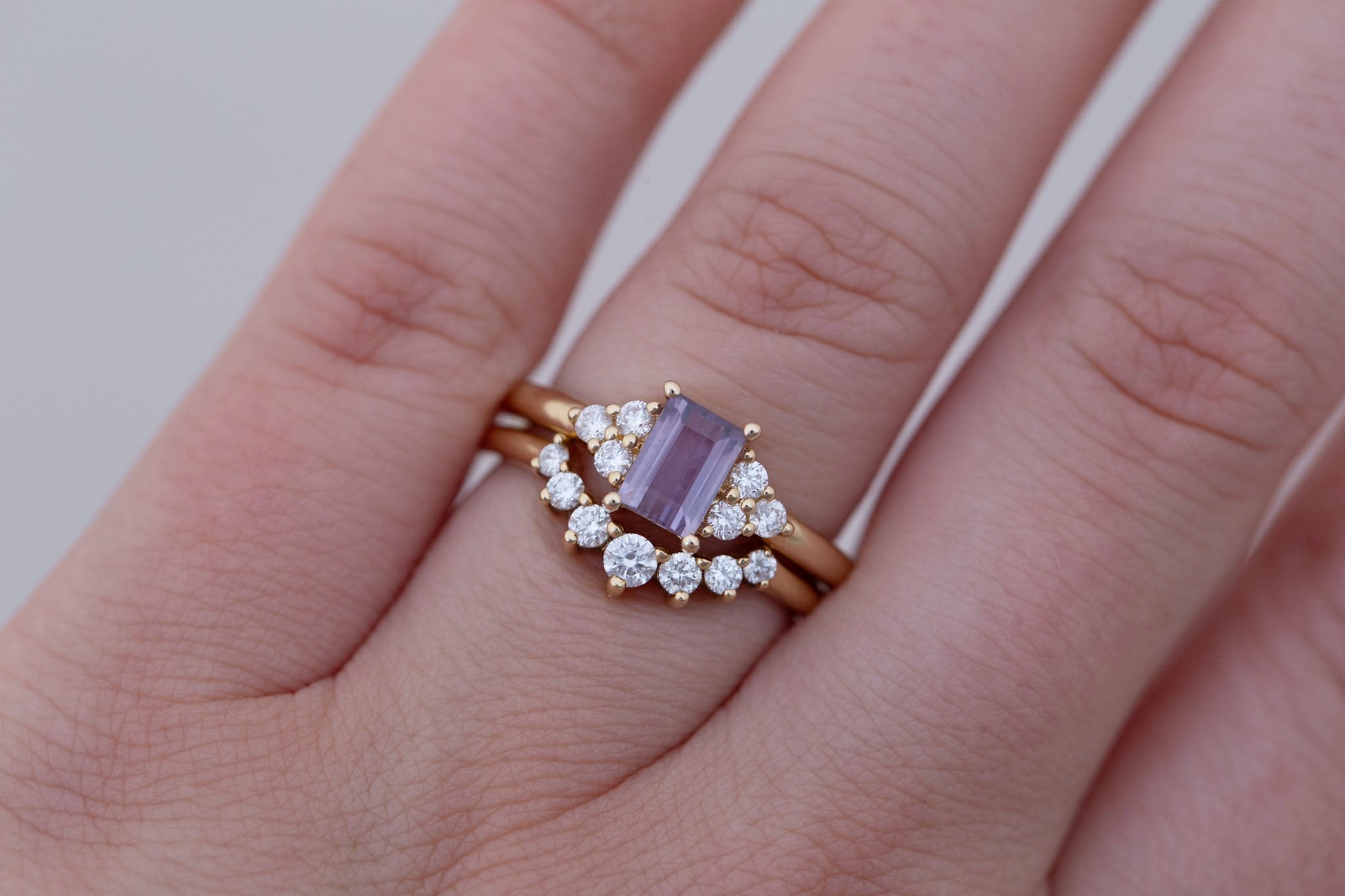 Verona Ring | Purple Baguette Cut Sapphire + Round Diamond Accents Engagement Ring 0.90 ct | 14k Recycled Gold | One of a Kind