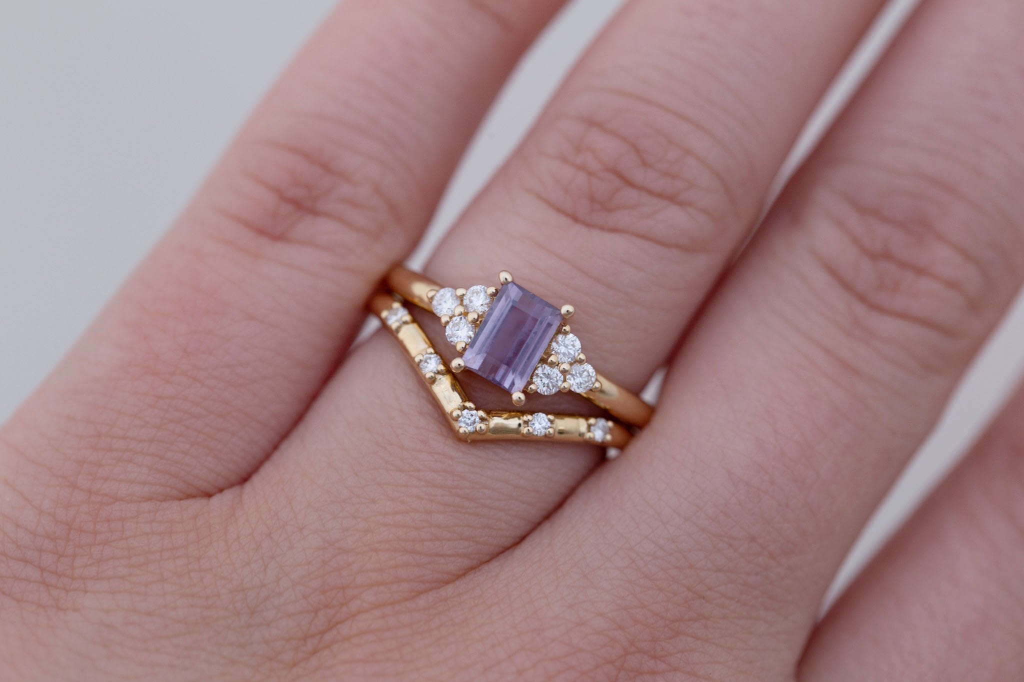 Verona Ring | Purple Baguette Cut Sapphire + Round Diamond Accents Engagement Ring 0.90 ct | 14k Recycled Gold | One of a Kind