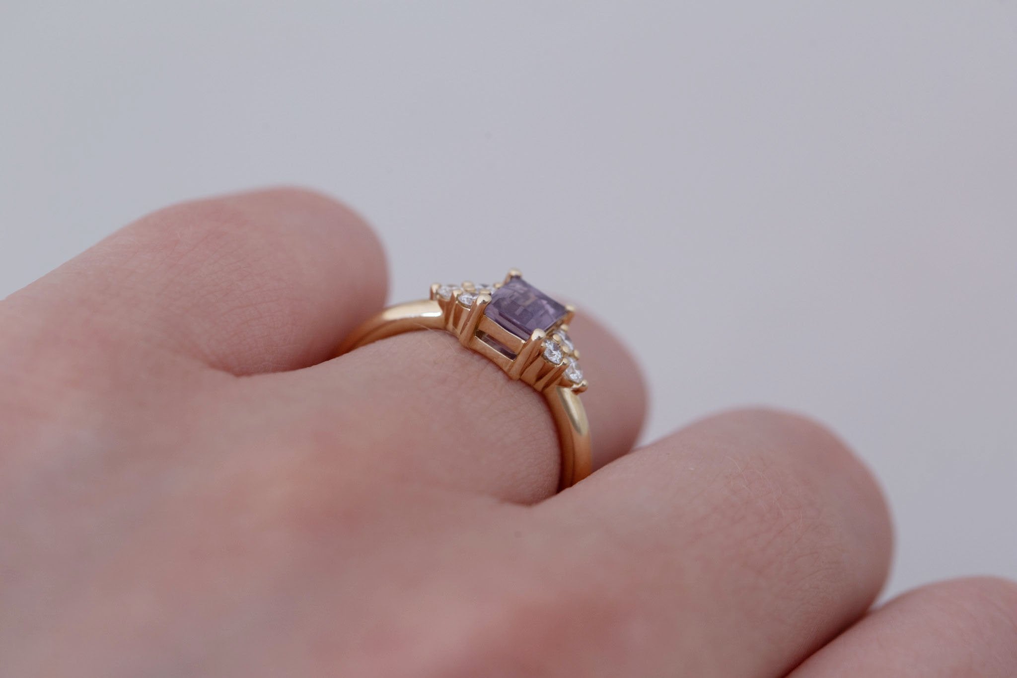 Verona Ring | Purple Baguette Cut Sapphire + Round Diamond Accents Engagement Ring 0.90 ct | 14k Recycled Gold | One of a Kind