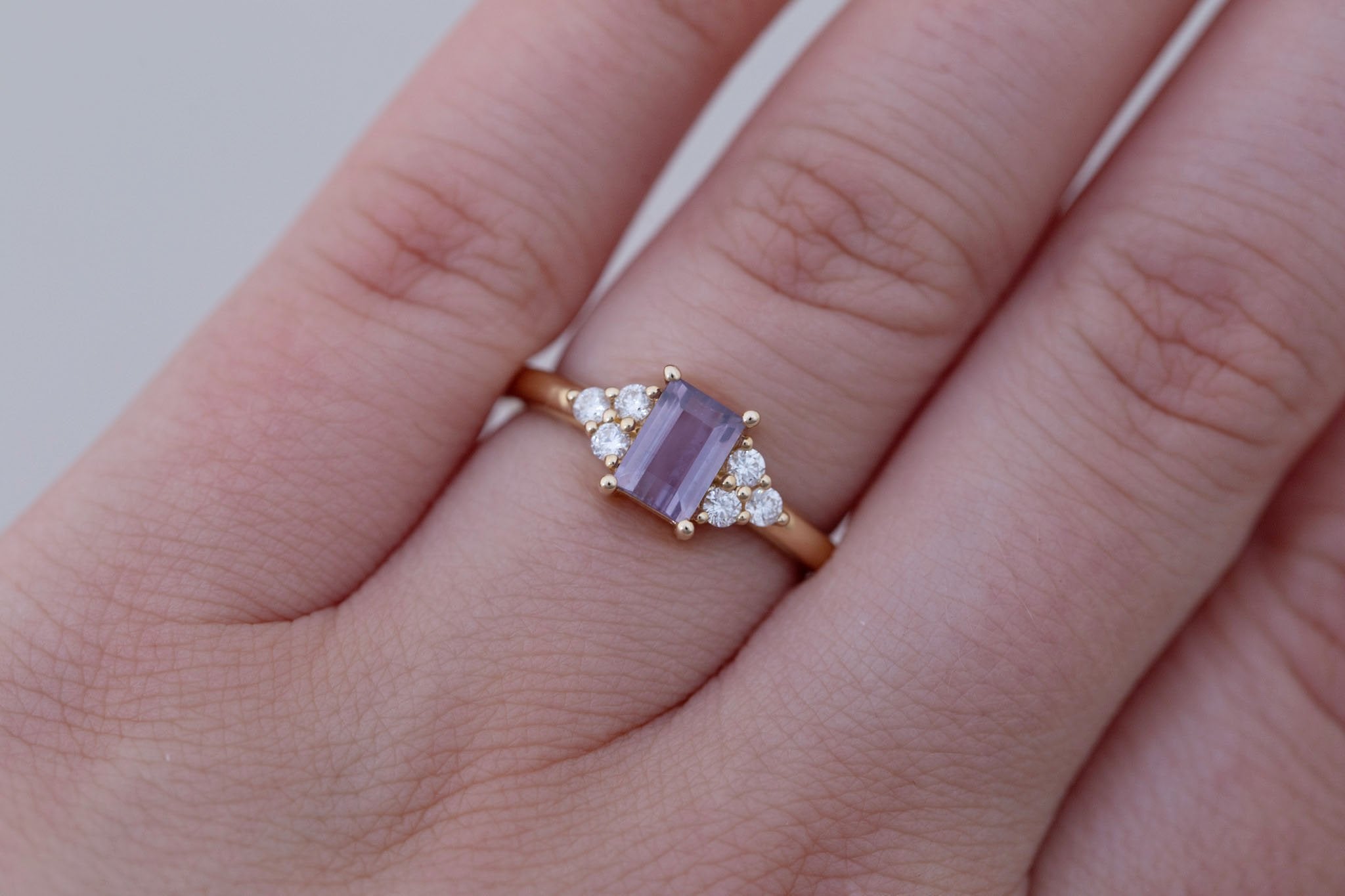 Verona Ring | Purple Baguette Cut Sapphire + Round Diamond Accents Engagement Ring 0.90 ct | 14k Recycled Gold | One of a Kind
