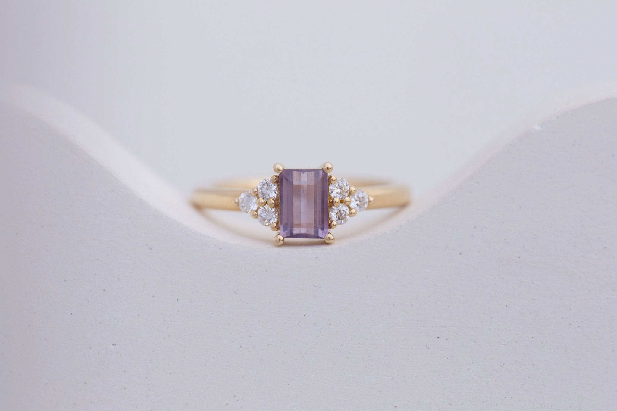 Verona Ring | Purple Baguette Cut Sapphire + Round Diamond Accents Engagement Ring 0.90 ct | 14k Recycled Gold | One of a Kind