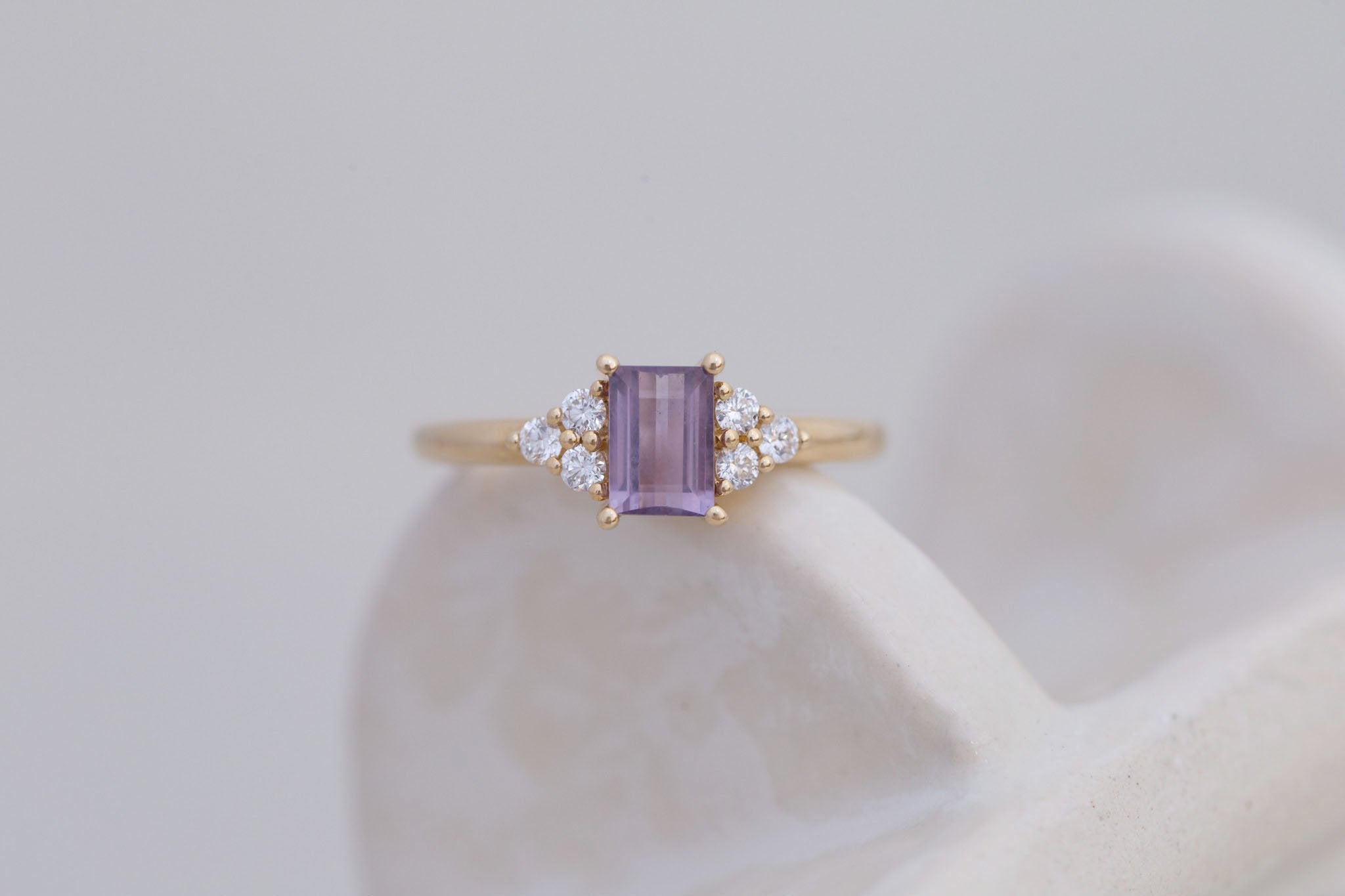 Verona Ring | Purple Baguette Cut Sapphire + Round Diamond Accents Engagement Ring 0.90 ct | 14k Recycled Gold | One of a Kind