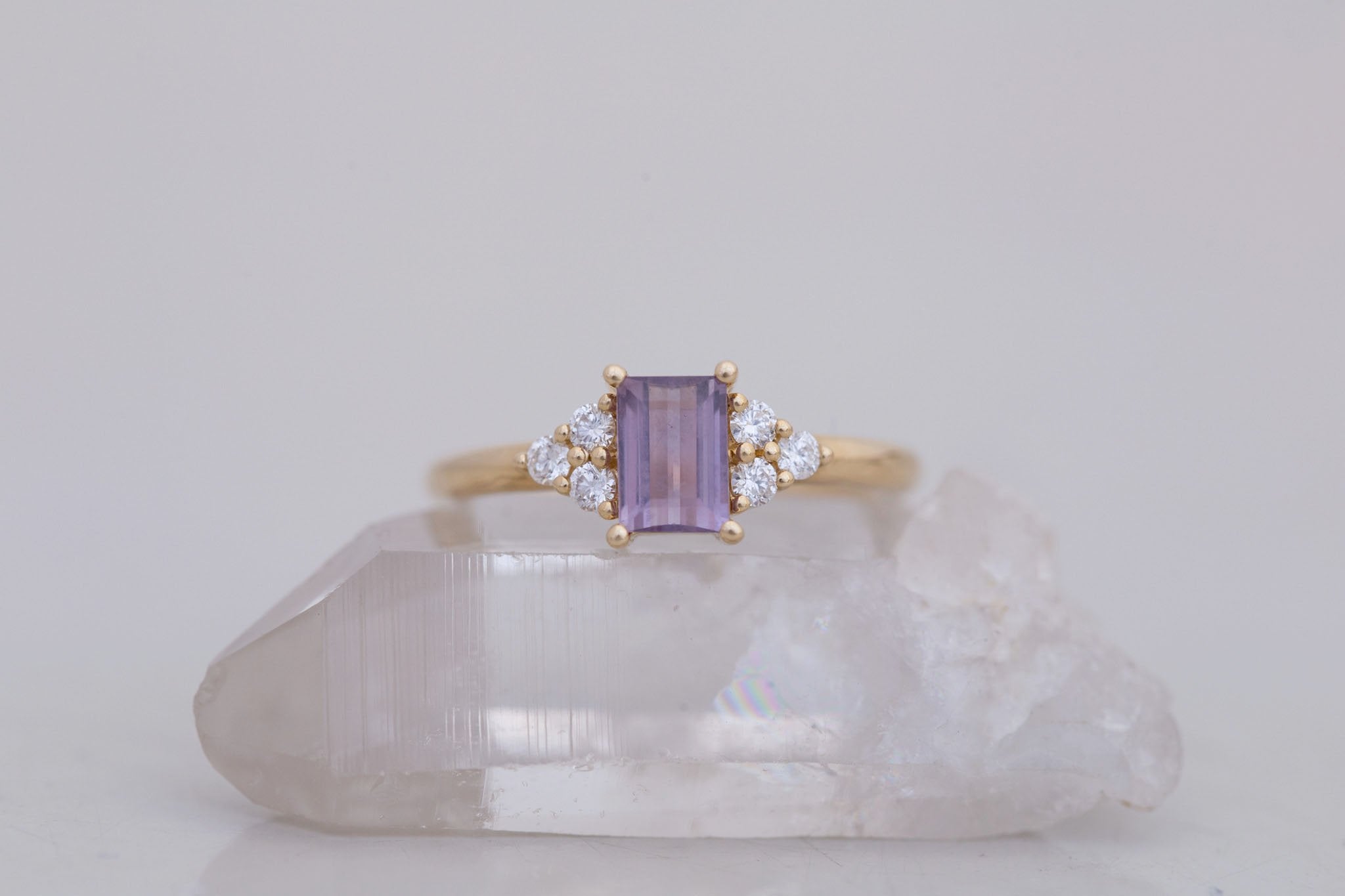 Verona Ring | Purple Baguette Cut Sapphire + Round Diamond Accents Engagement Ring 0.90 ct | 14k Recycled Gold | One of a Kind