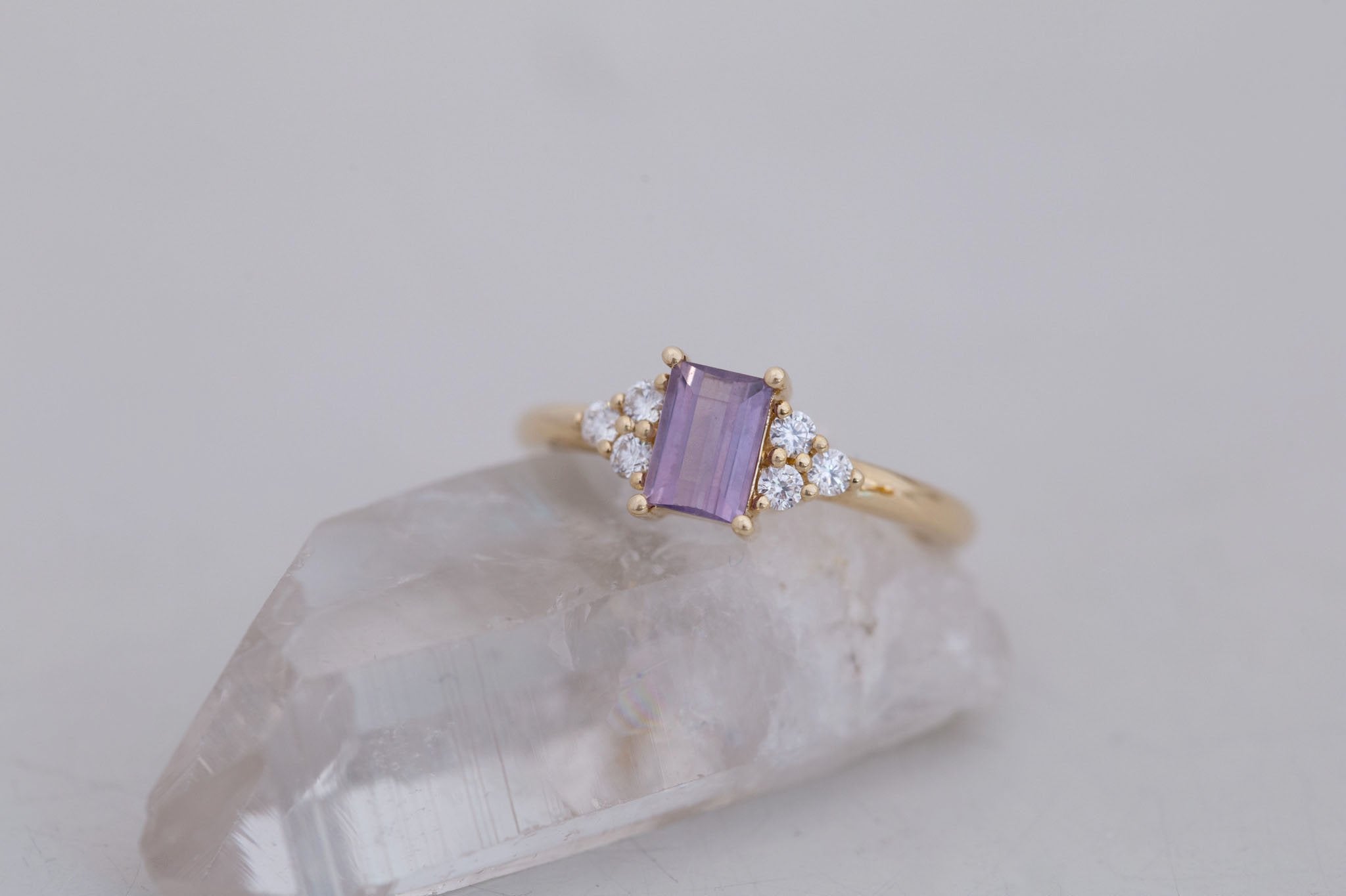 Verona Ring | Purple Baguette Cut Sapphire + Round Diamond Accents Engagement Ring 0.90 ct | 14k Recycled Gold | One of a Kind