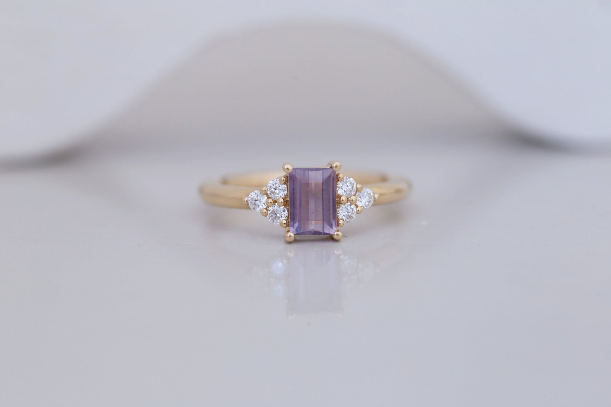 Verona Ring | Purple Baguette Cut Sapphire + Round Diamond Accents Engagement Ring 0.90 ct | 14k Recycled Gold | One of a Kind