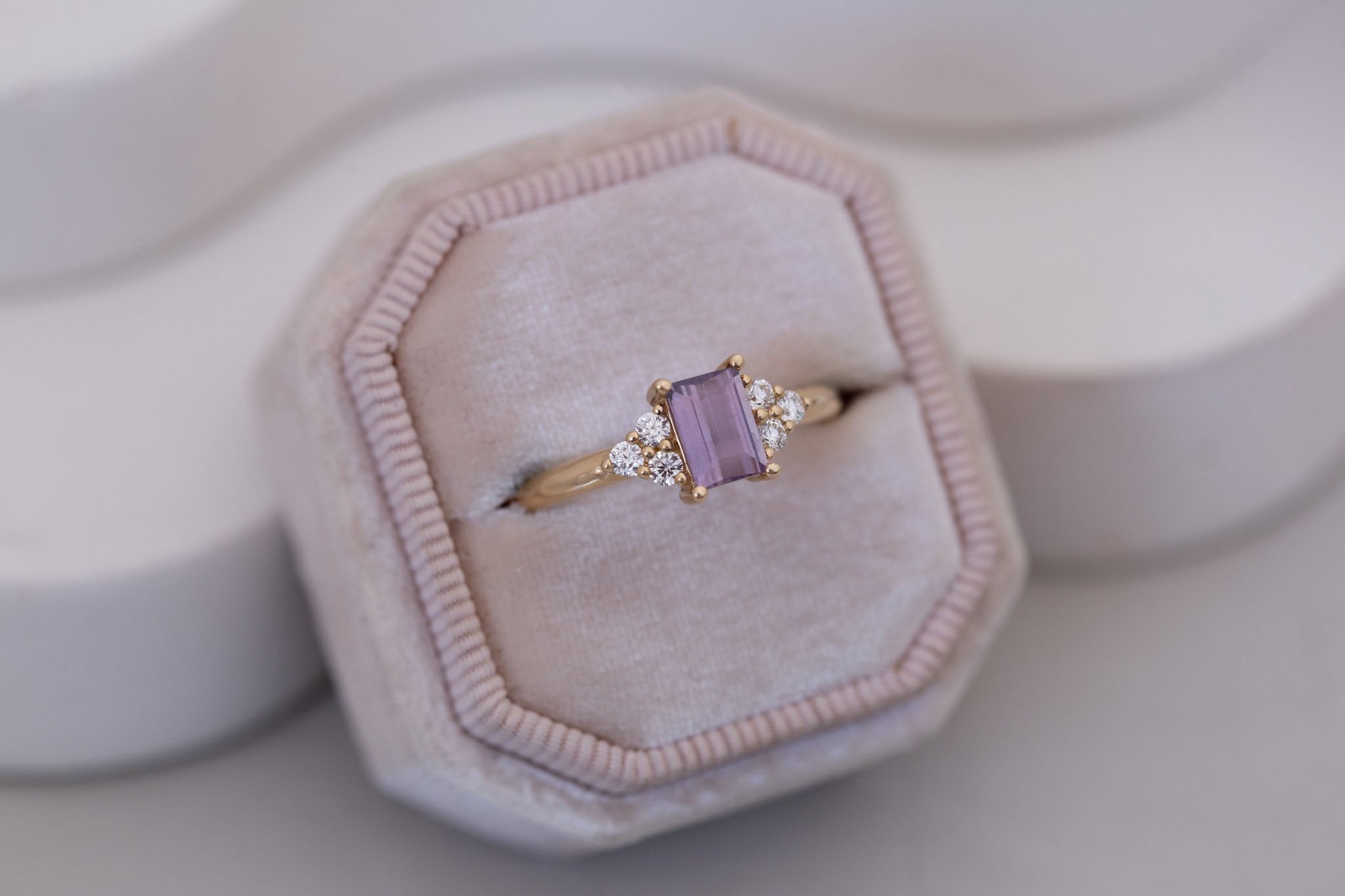 Verona Ring | Purple Baguette Cut Sapphire + Round Diamond Accents Engagement Ring 0.90 ct | 14k Recycled Gold | One of a Kind