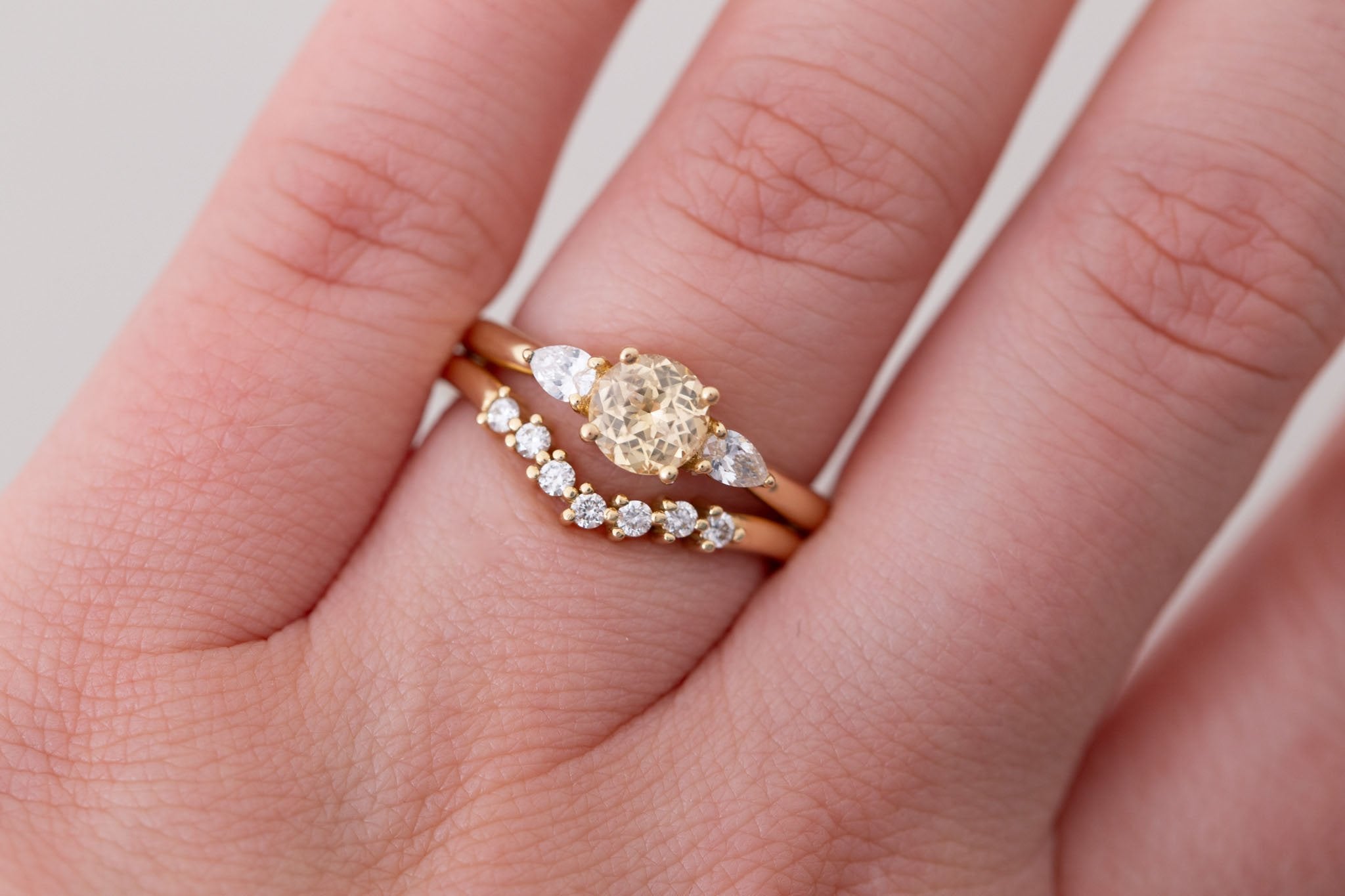 Iris Ring | Apricot Sapphire + Pear Diamond Accent Engagement Ring 0.93 ct | 14k Recycled Gold | One of a Kind