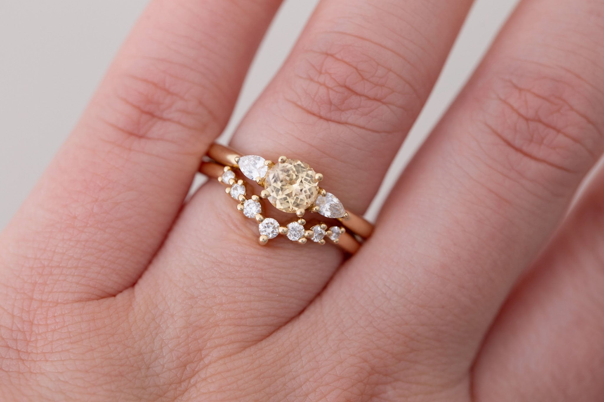 Iris Ring | Apricot Sapphire + Pear Diamond Accent Engagement Ring 0.93 ct | 14k Recycled Gold | One of a Kind