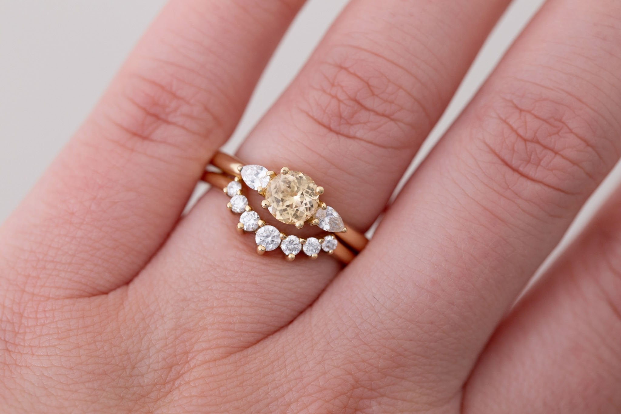 Iris Ring | Apricot Sapphire + Pear Diamond Accent Engagement Ring 0.93 ct | 14k Recycled Gold | One of a Kind