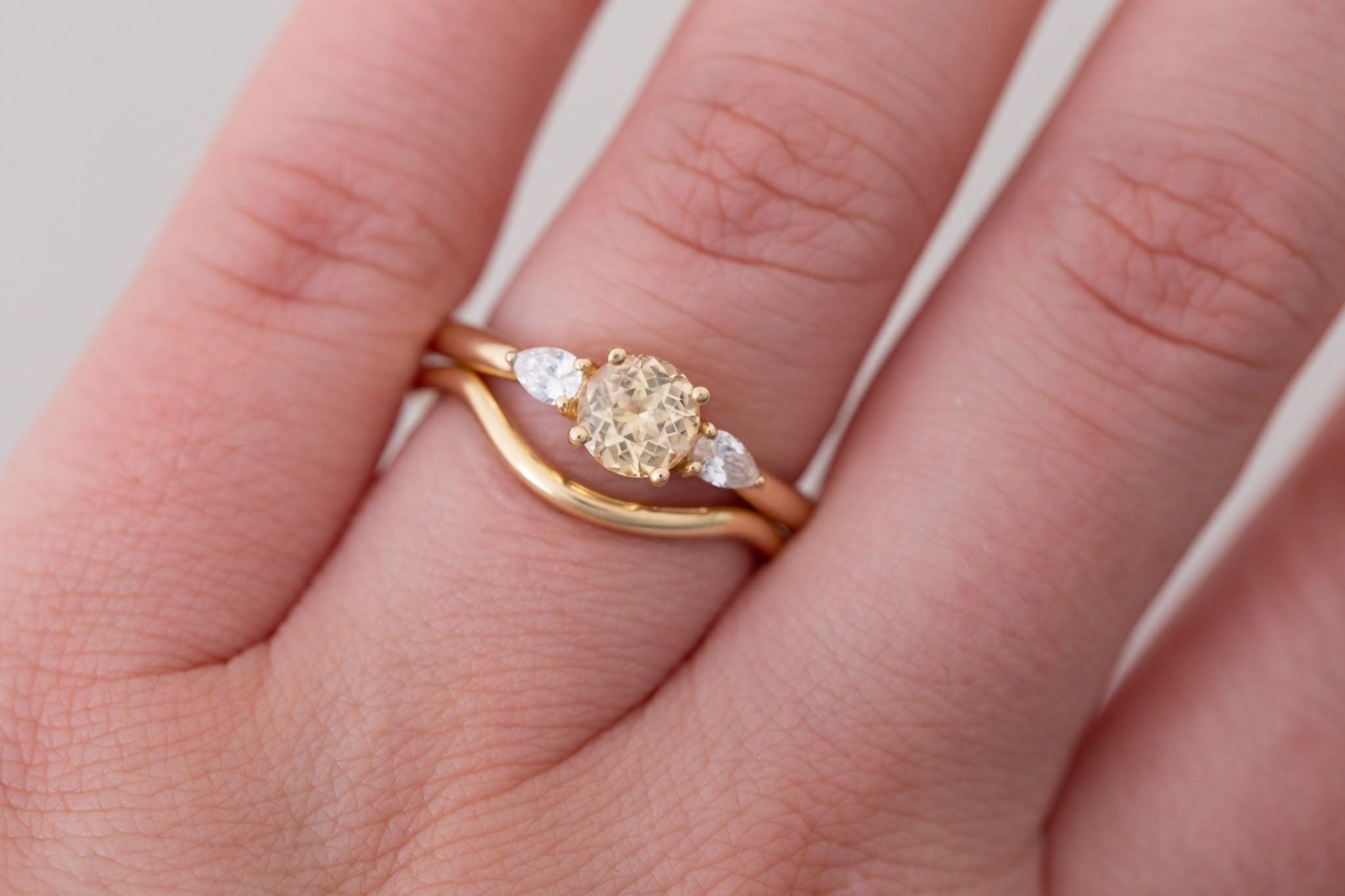 Iris Ring | Apricot Sapphire + Pear Diamond Accent Engagement Ring 0.93 ct | 14k Recycled Gold | One of a Kind