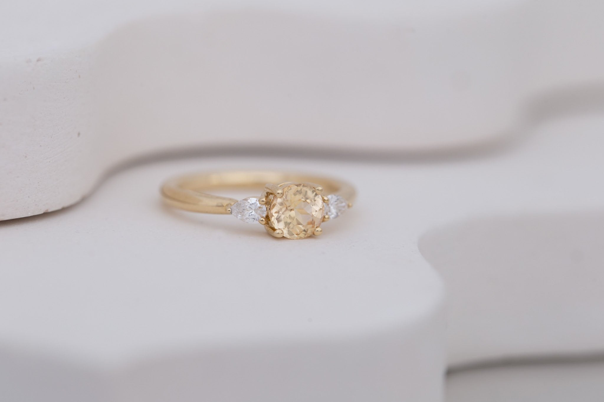 Iris Ring | Apricot Sapphire + Pear Diamond Accent Engagement Ring 0.93 ct | 14k Recycled Gold | One of a Kind