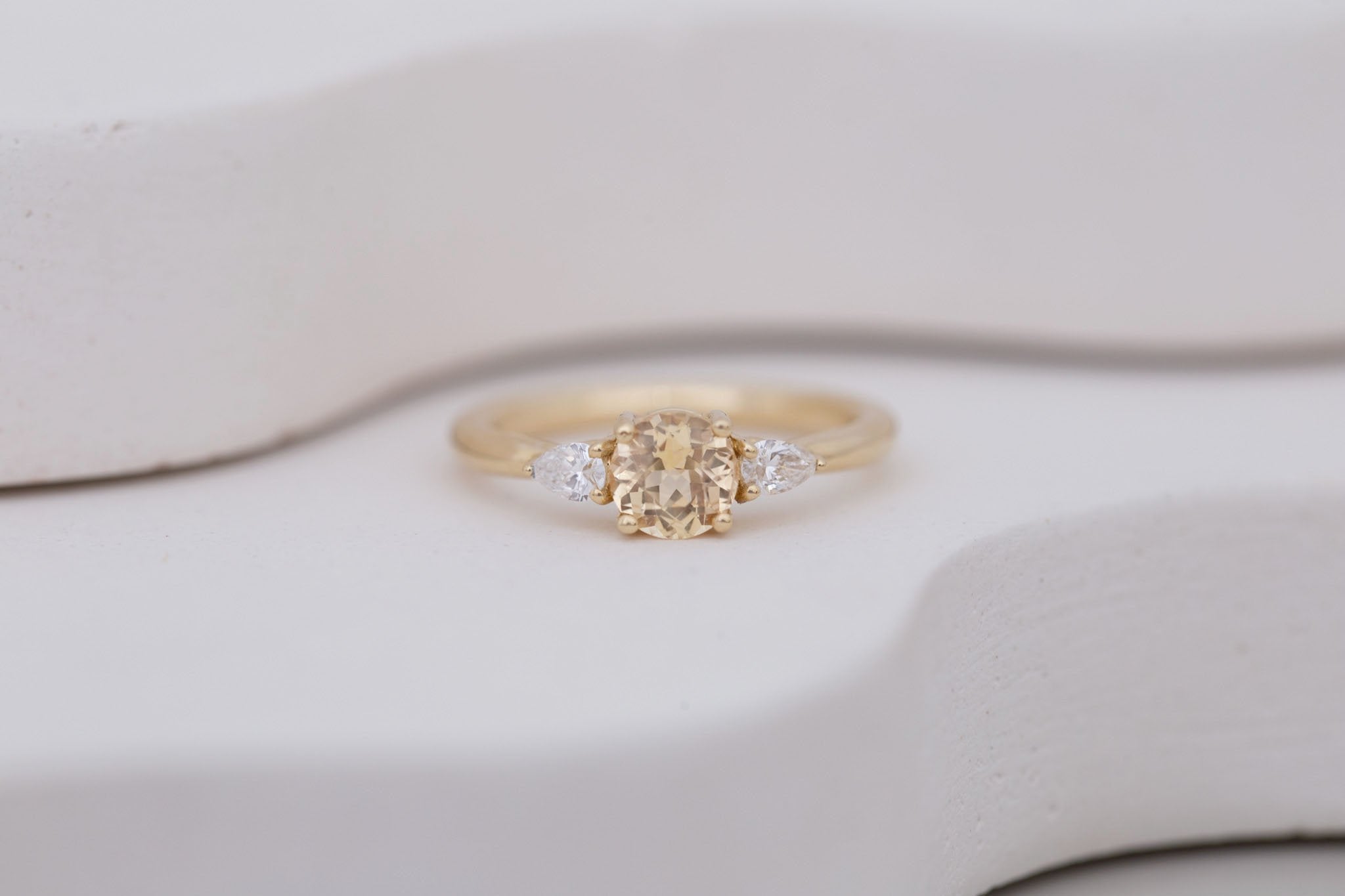 Iris Ring | Apricot Sapphire + Pear Diamond Accent Engagement Ring 0.93 ct | 14k Recycled Gold | One of a Kind
