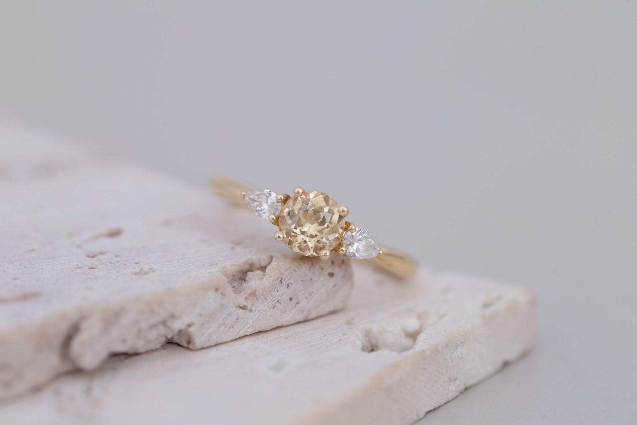 Iris Ring | Apricot Sapphire + Pear Diamond Accent Engagement Ring 0.93 ct | 14k Recycled Gold | One of a Kind
