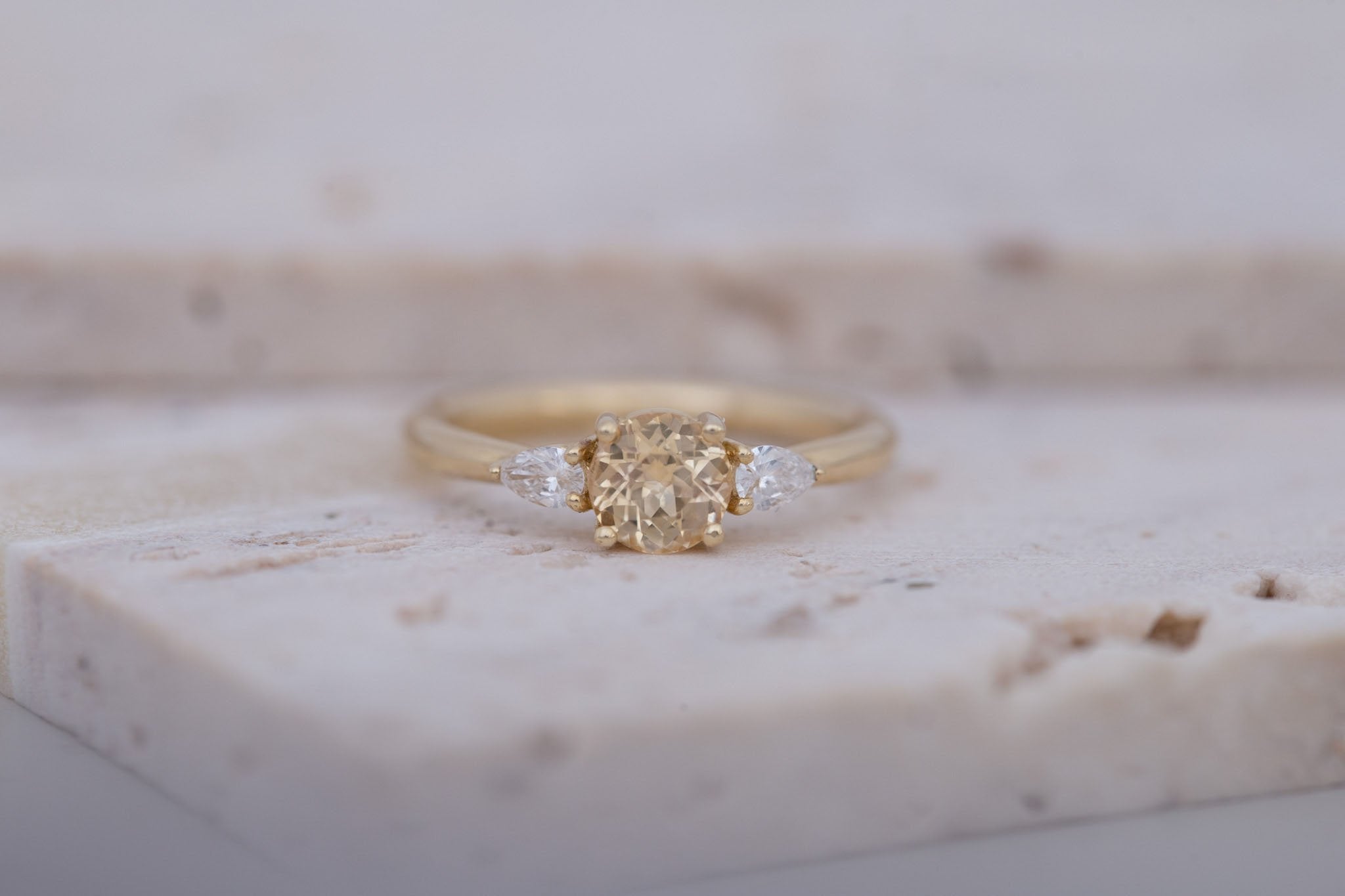 Iris Ring | Apricot Sapphire + Pear Diamond Accent Engagement Ring 0.93 ct | 14k Recycled Gold | One of a Kind