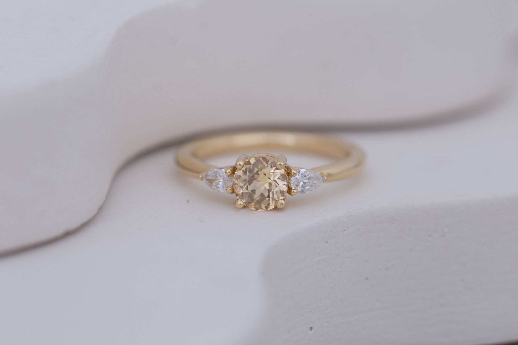 Iris Ring | Apricot Sapphire + Pear Diamond Accent Engagement Ring 0.93 ct | 14k Recycled Gold | One of a Kind