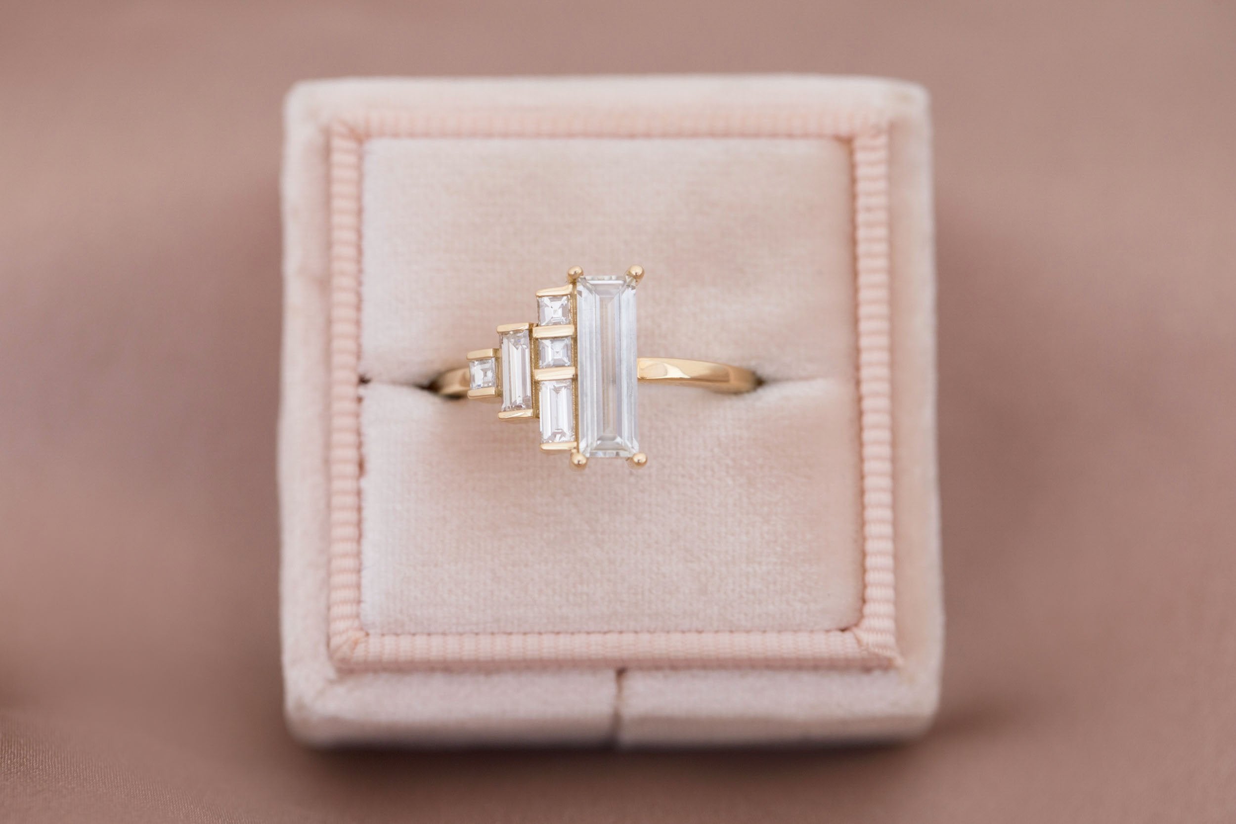 Petra Ring | White Sapphire Baguette + Diamond Cluster Engagement Ring 0.94 ct | 14k Recycled Gold | One of a Kind