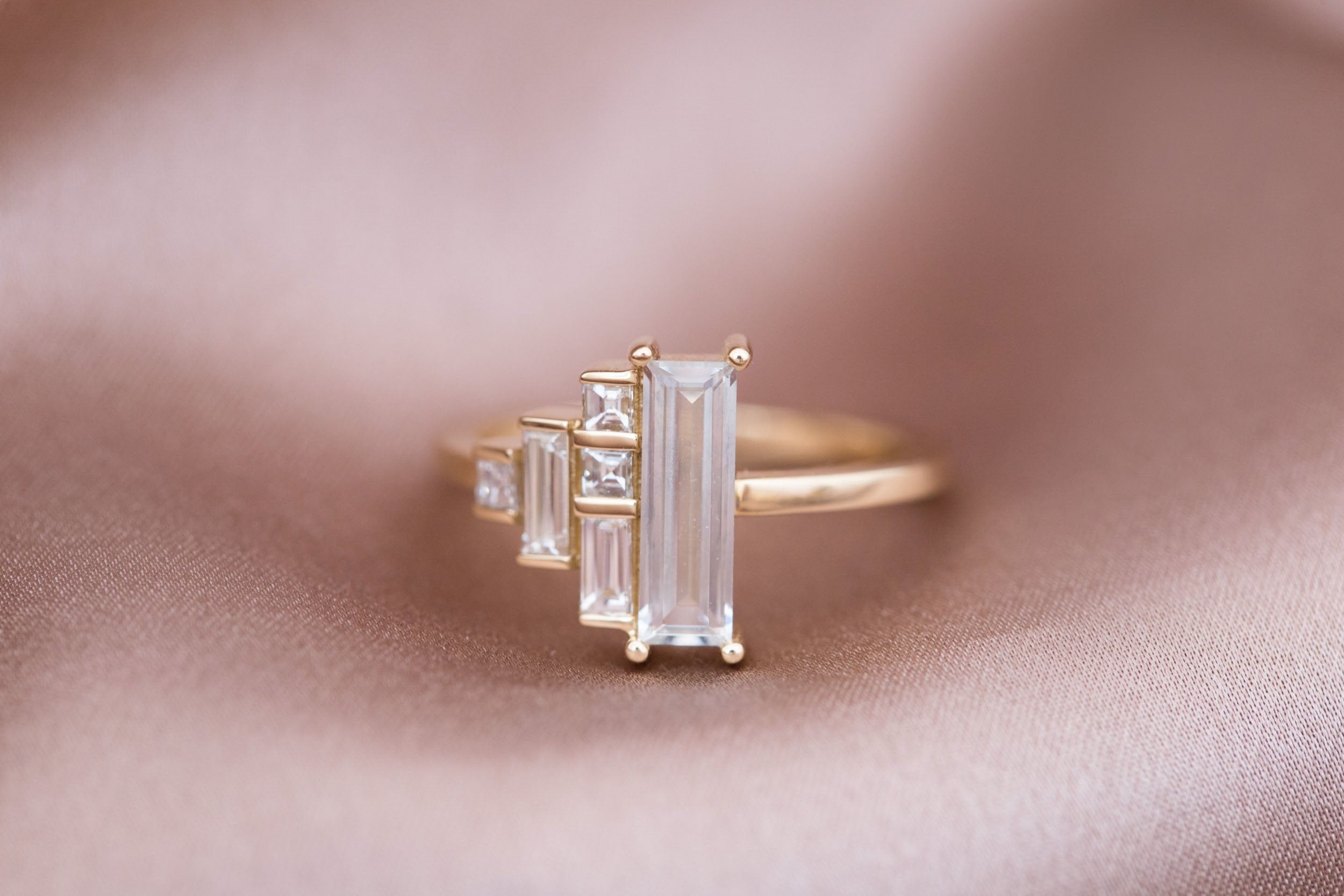 Petra Ring | White Sapphire Baguette + Diamond Cluster Engagement Ring 0.94 ct | 14k Recycled Gold | One of a Kind