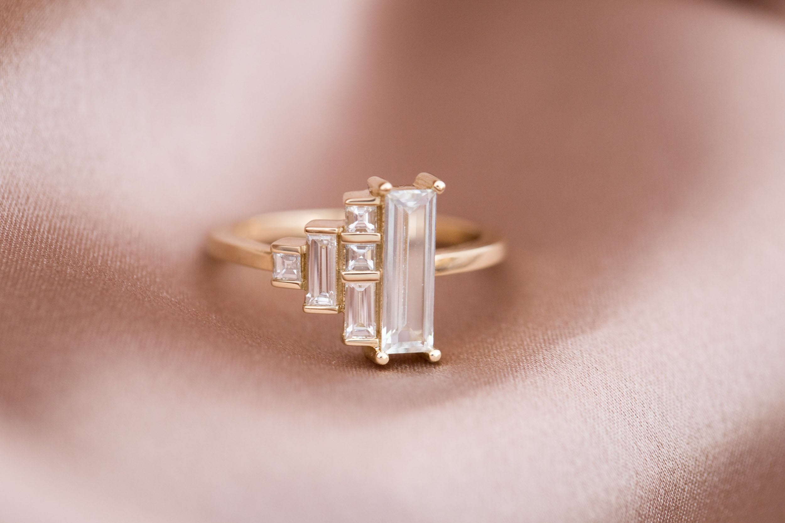Petra Ring | White Sapphire Baguette + Diamond Cluster Engagement Ring 0.94 ct | 14k Recycled Gold | One of a Kind