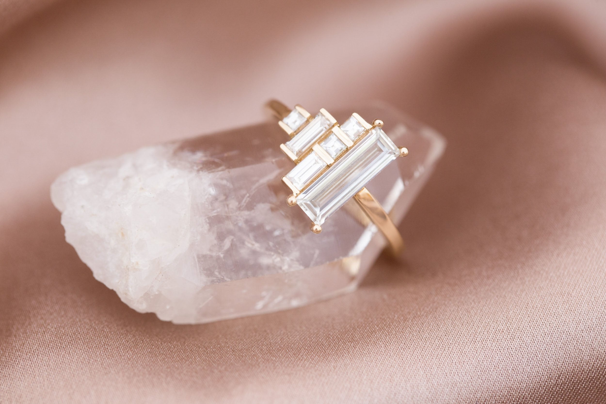 Petra Ring | White Sapphire Baguette + Diamond Cluster Engagement Ring 0.94 ct | 14k Recycled Gold | One of a Kind