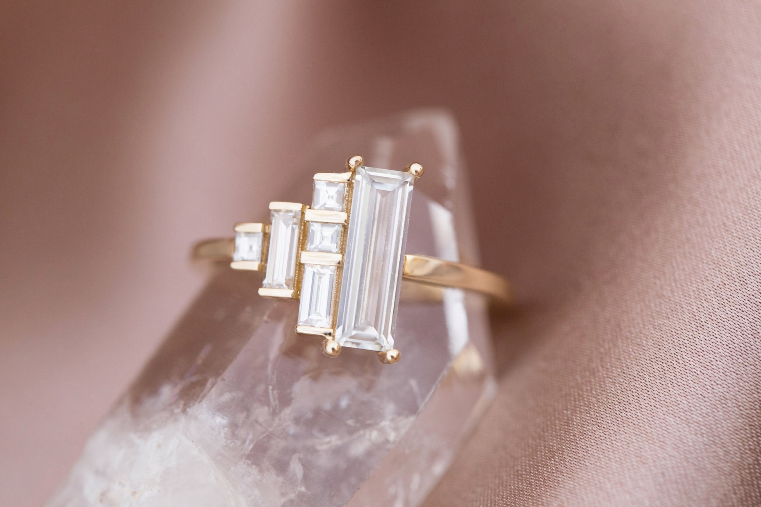 Petra Ring | White Sapphire Baguette + Diamond Cluster Engagement Ring 0.94 ct | 14k Recycled Gold | One of a Kind
