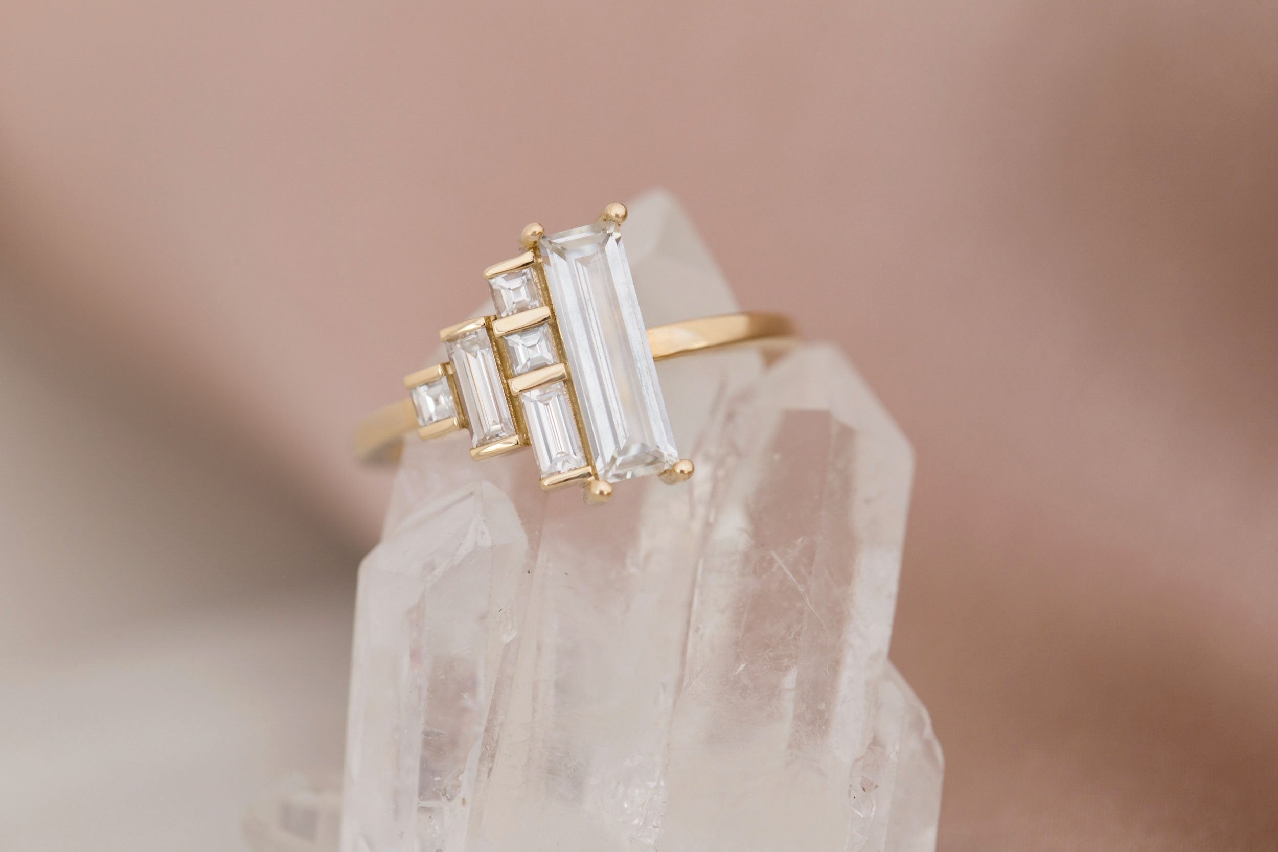 Petra Ring | White Sapphire Baguette + Diamond Cluster Engagement Ring 0.94 ct | 14k Recycled Gold | One of a Kind