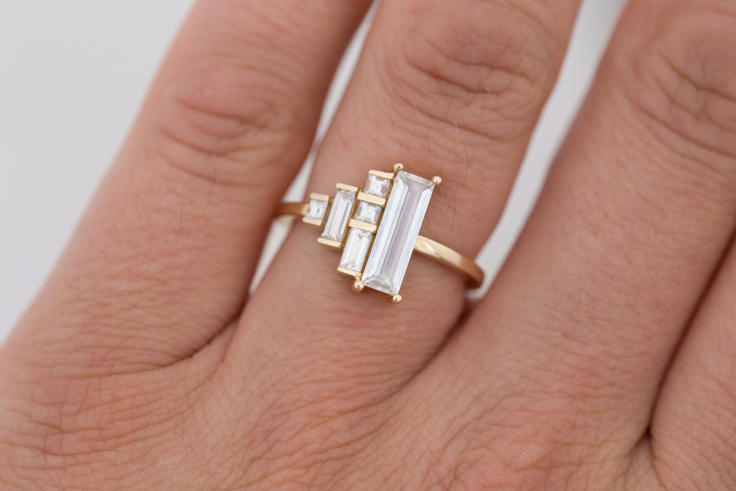 Petra Ring | White Sapphire Baguette + Diamond Cluster Engagement Ring 0.94 ct | 14k Recycled Gold | One of a Kind