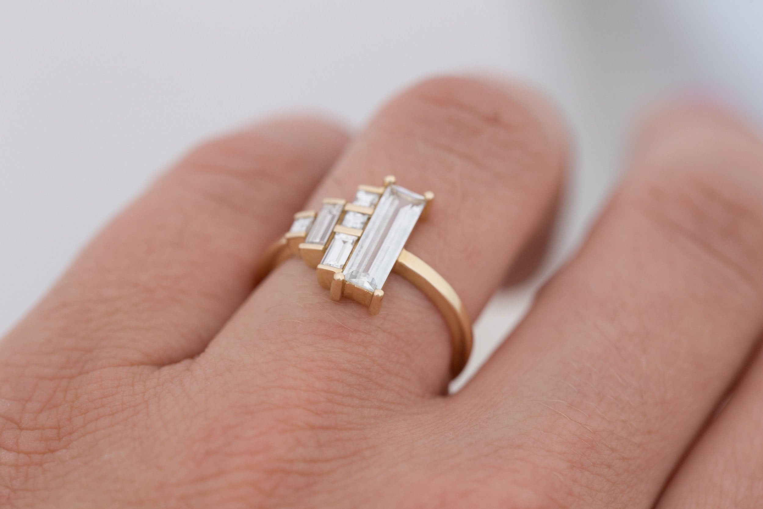 Petra Ring | White Sapphire Baguette + Diamond Cluster Engagement Ring 0.94 ct | 14k Recycled Gold | One of a Kind