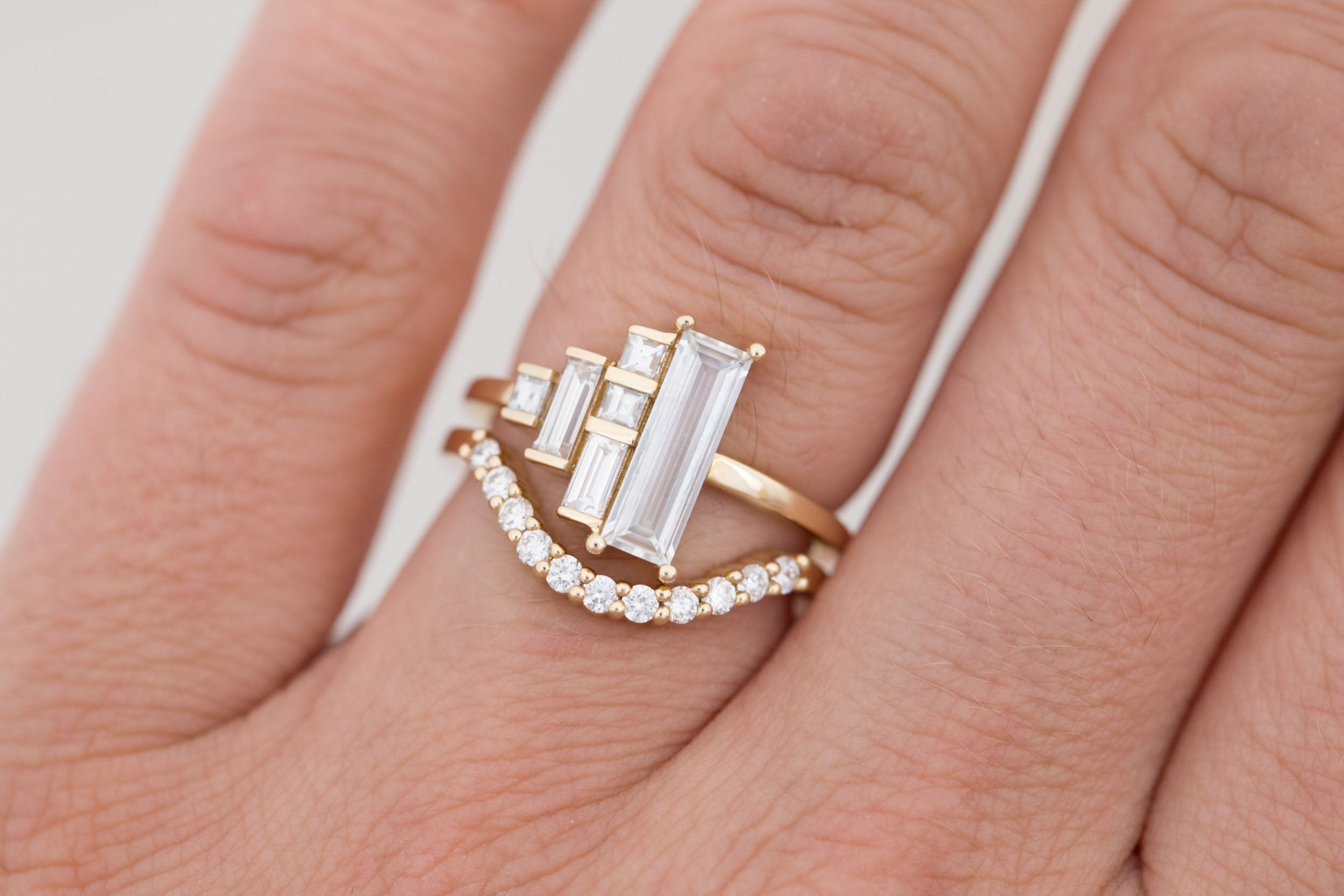 Petra Ring | White Sapphire Baguette + Diamond Cluster Engagement Ring 0.94 ct | 14k Recycled Gold | One of a Kind