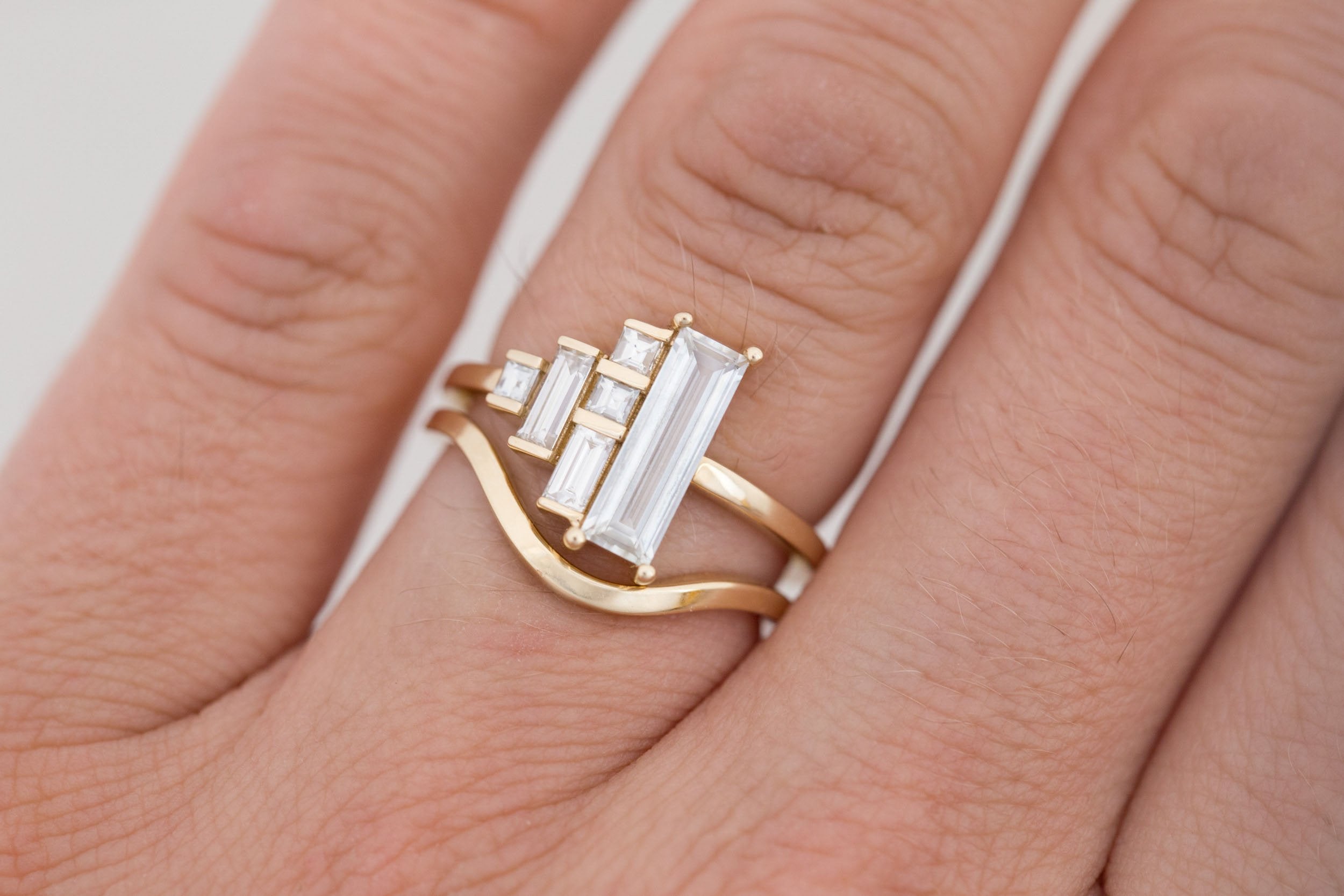 Petra Ring | White Sapphire Baguette + Diamond Cluster Engagement Ring 0.94 ct | 14k Recycled Gold | One of a Kind