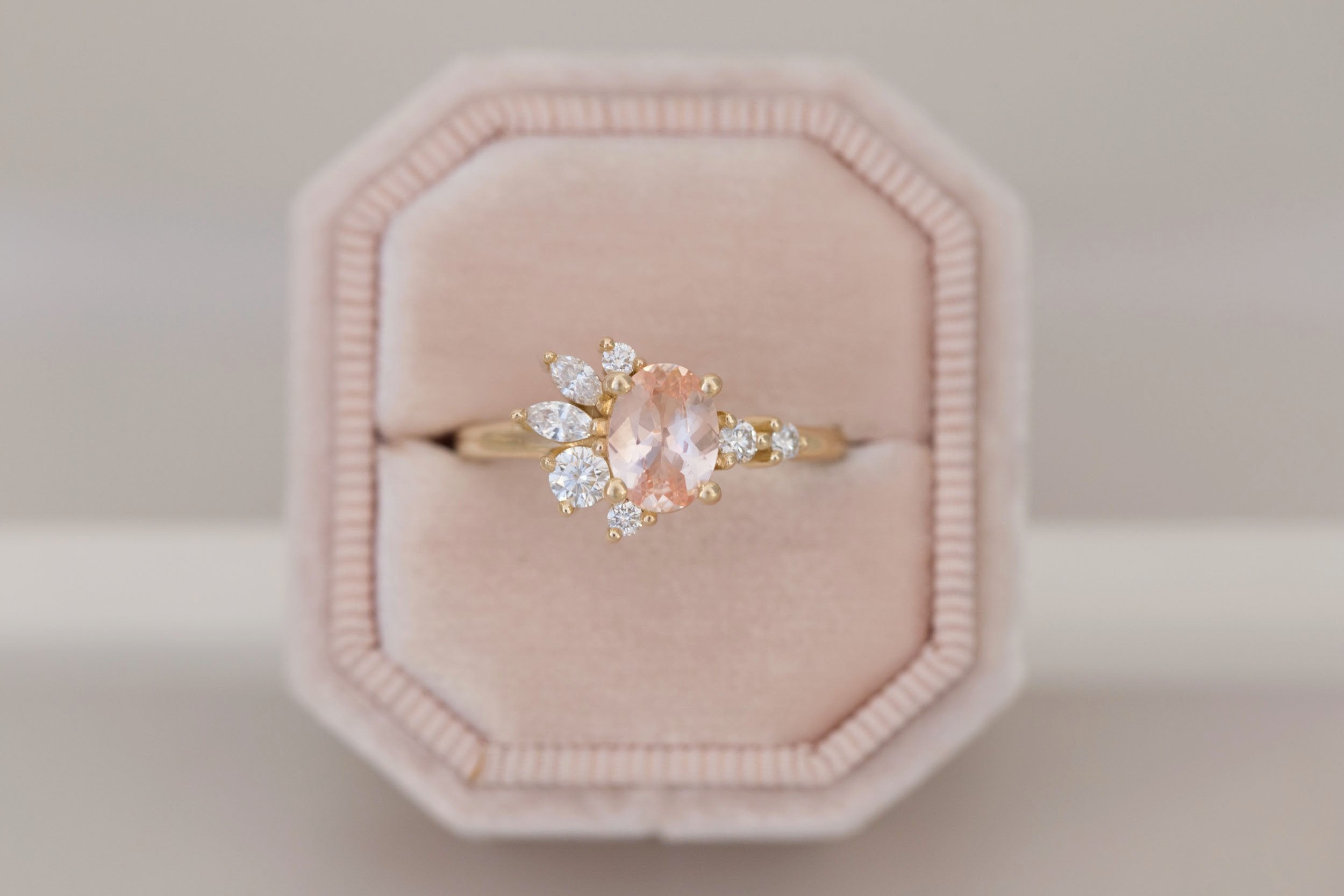 Ambretta Ring | Peach Oval Sapphire + Diamond Cluster Engagement Ring 0.95 ct | 14k Recycled Gold | One of a Kind