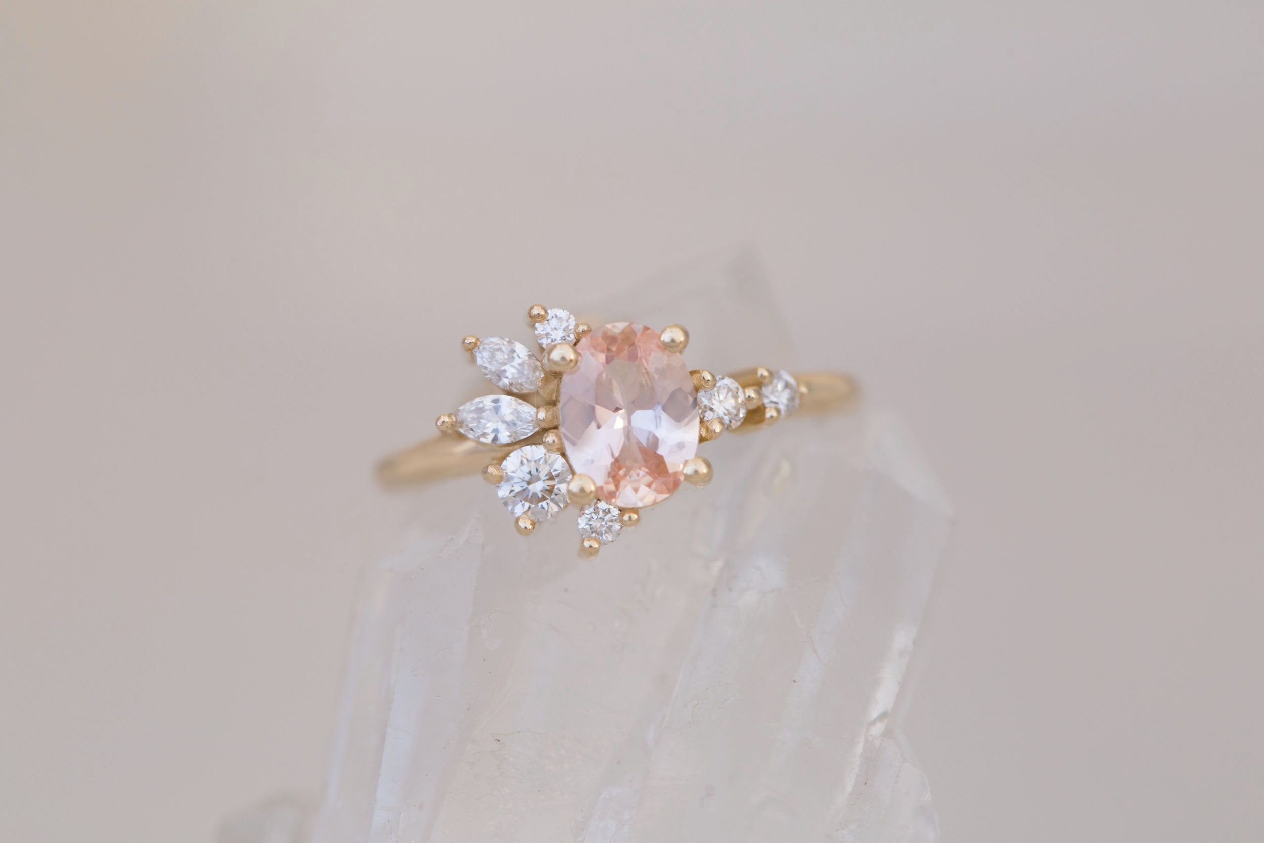 Ambretta Ring | Peach Oval Sapphire + Diamond Cluster Engagement Ring 0.95 ct | 14k Recycled Gold | One of a Kind