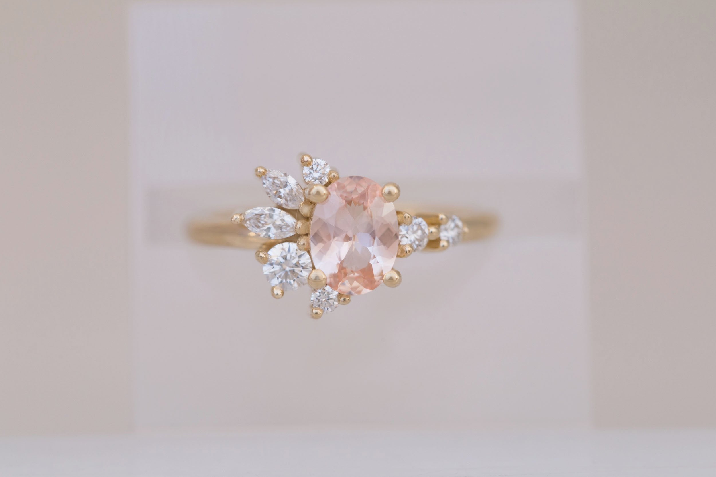 Ambretta Ring | Peach Oval Sapphire + Diamond Cluster Engagement Ring 0.95 ct | 14k Recycled Gold | One of a Kind