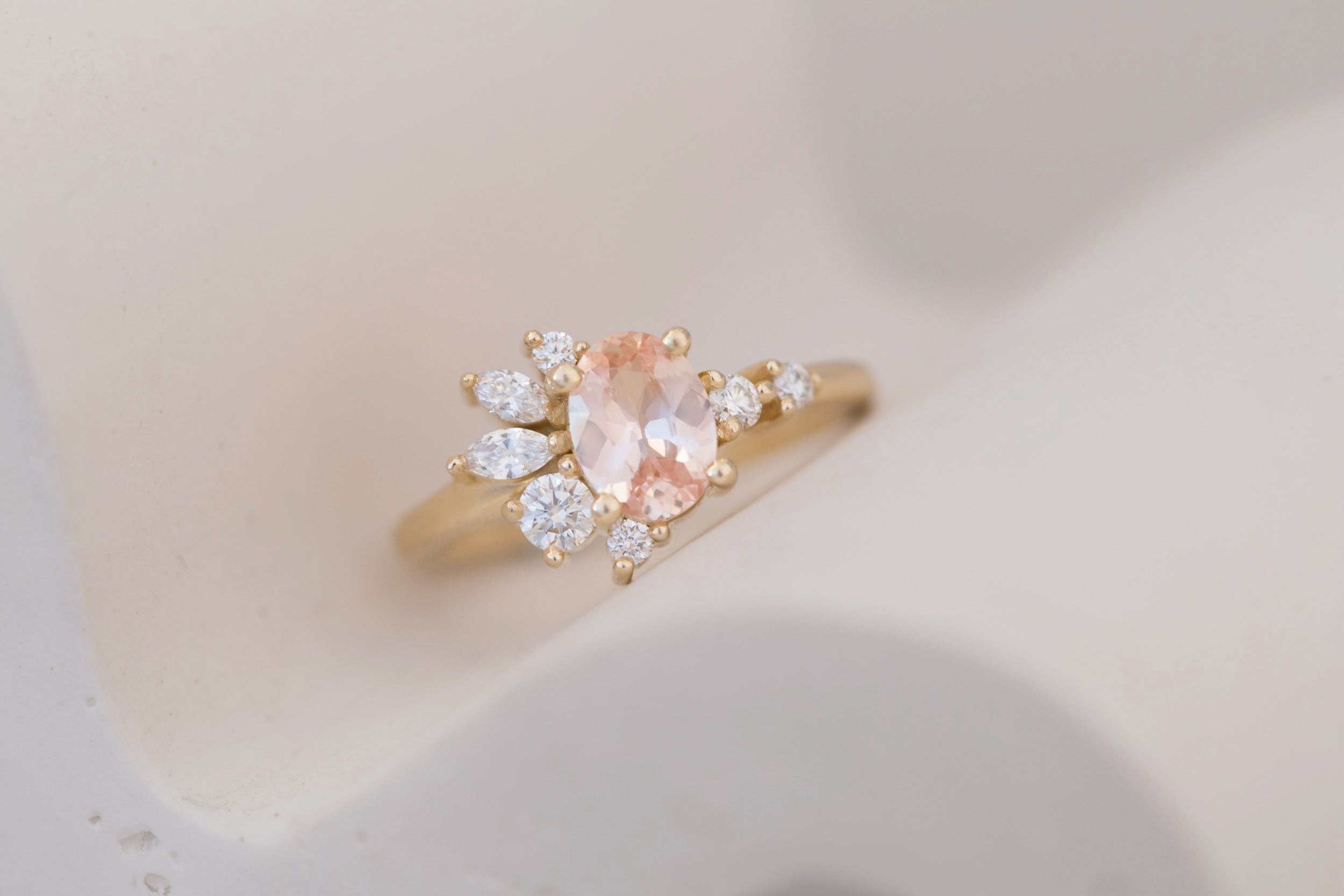 Ambretta Ring | Peach Oval Sapphire + Diamond Cluster Engagement Ring 0.95 ct | 14k Recycled Gold | One of a Kind