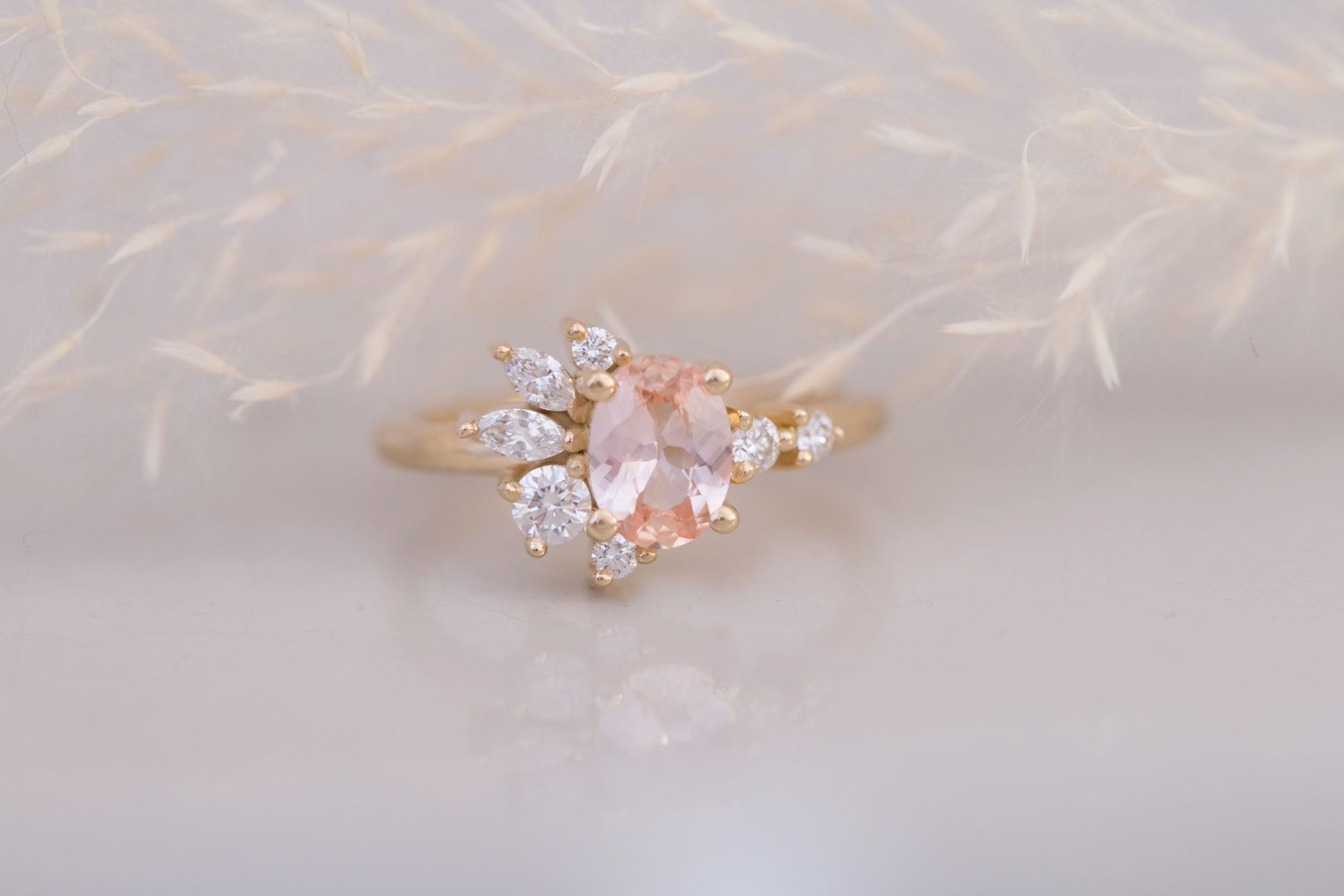 Ambretta Ring | Peach Oval Sapphire + Diamond Cluster Engagement Ring 0.95 ct | 14k Recycled Gold | One of a Kind