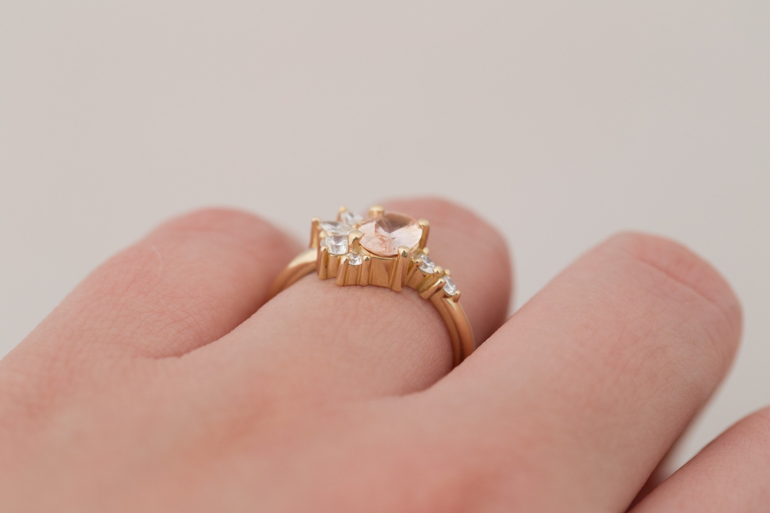 Ambretta Ring | Peach Oval Sapphire + Diamond Cluster Engagement Ring 0.95 ct | 14k Recycled Gold | One of a Kind