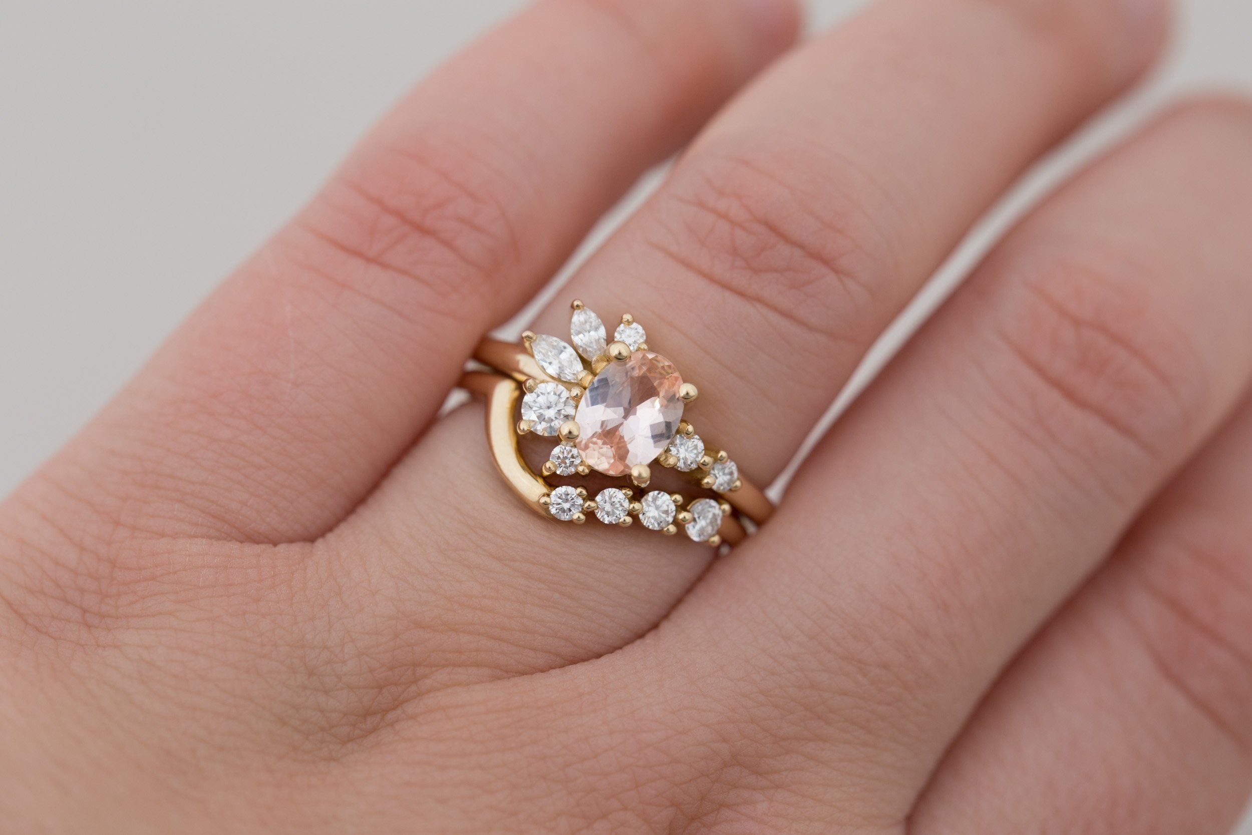 Ambretta Ring | Peach Oval Sapphire + Diamond Cluster Engagement Ring 0.95 ct | 14k Recycled Gold | One of a Kind