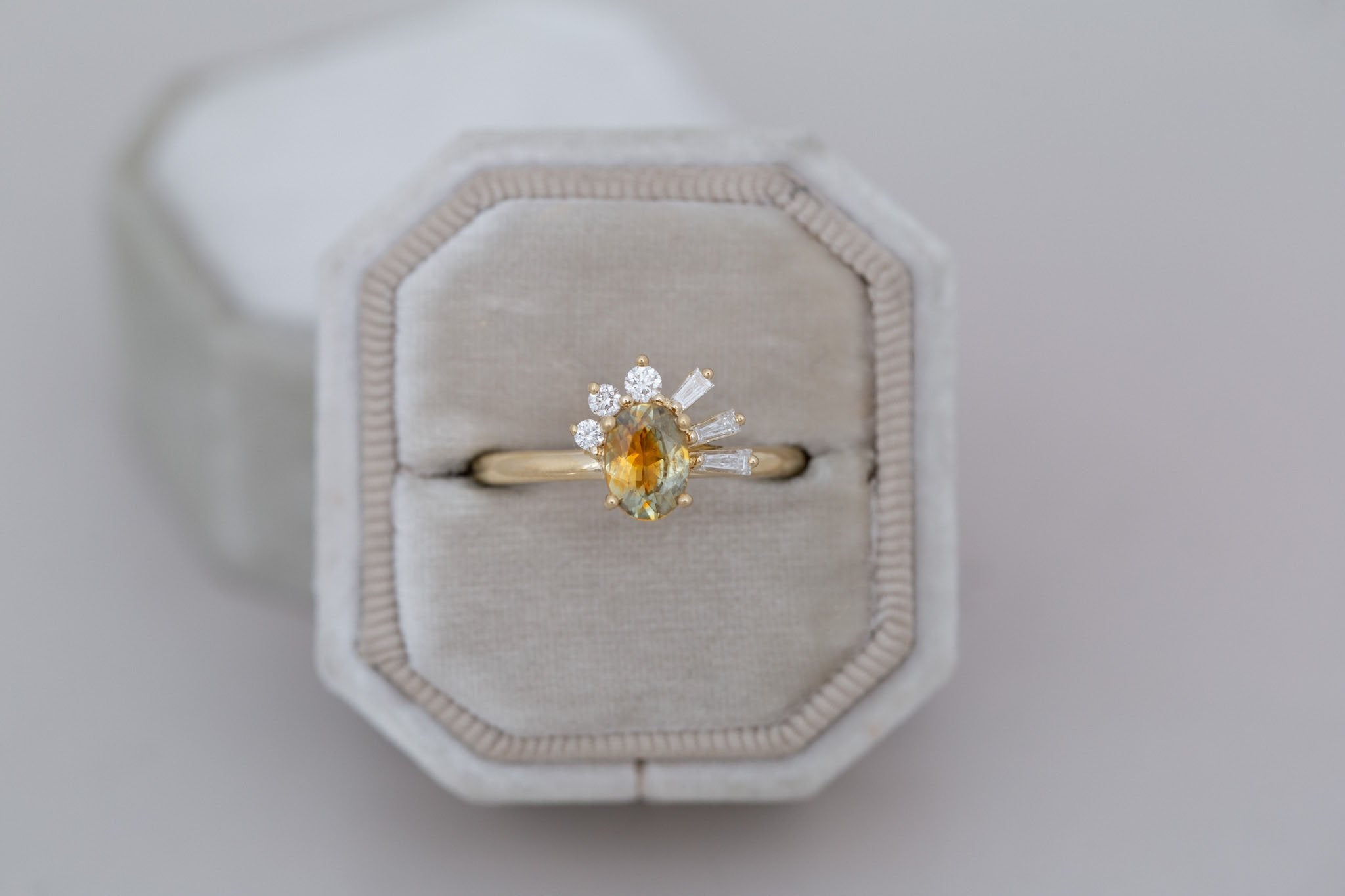 Sol Ring | Bicolor Montana Sapphire + Baguette and Round Diamond Cluster Engagement Ring 0.95 ct | 14k Recycled Gold | One of a Kind